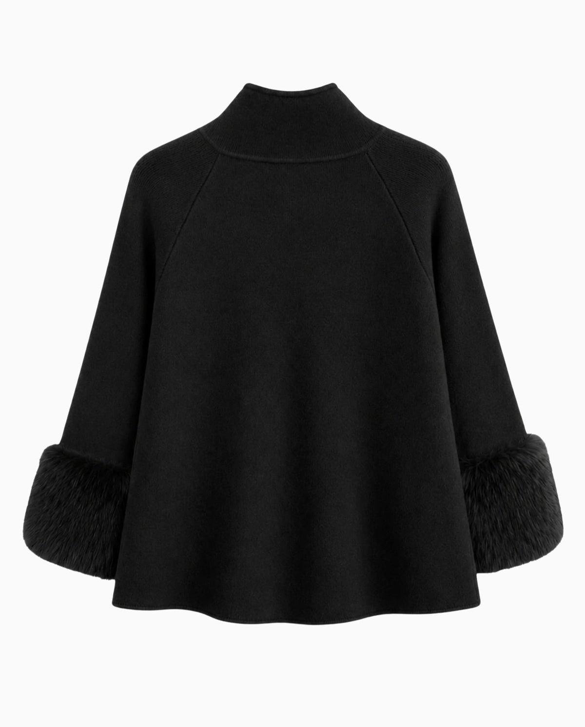 Black knit poncho with faux fur cuffs, back view.