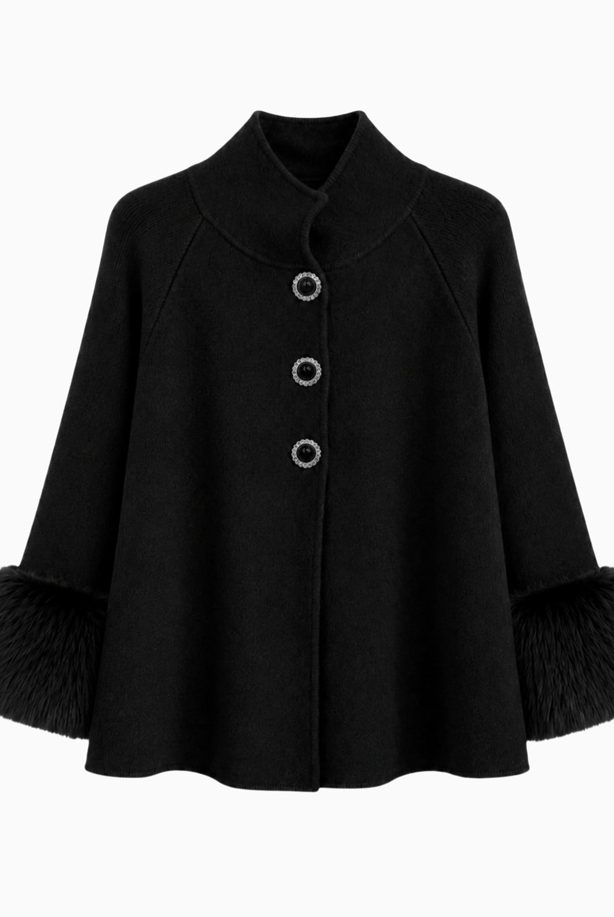 Black knit poncho with faux fur cuffs and pearl rhinestone buttons.