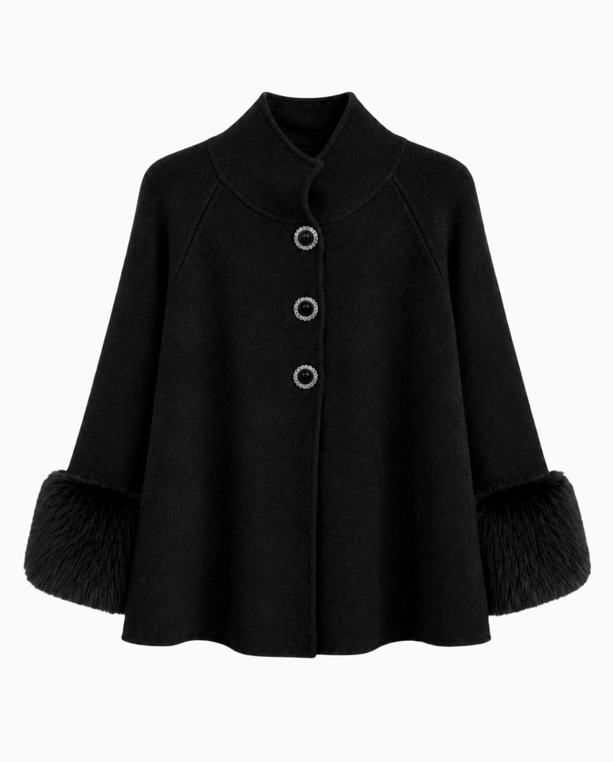 Black knit poncho with faux fur cuffs and pearl rhinestone buttons.