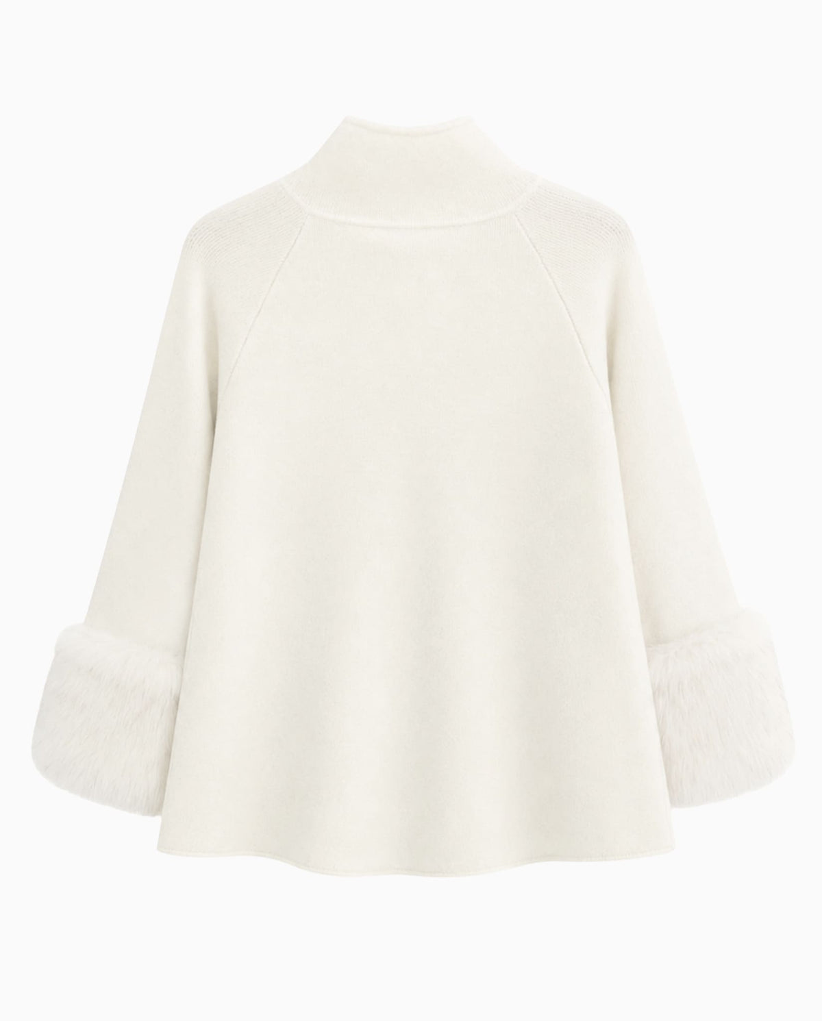 White knit poncho with faux fur cuffs, back view.