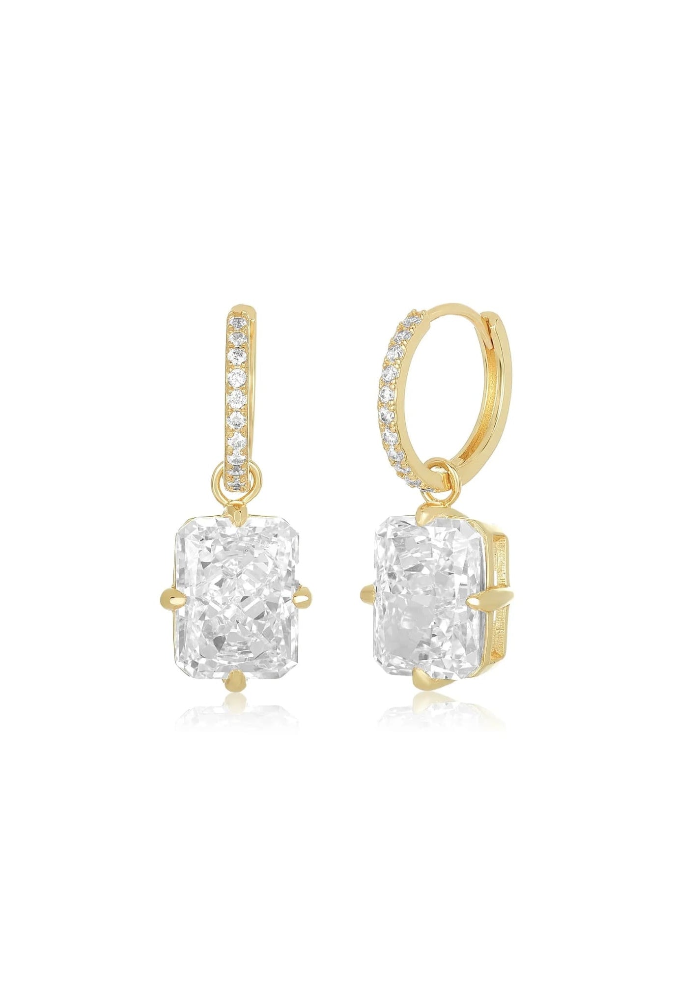 Pair of gold radiant cut drop earrings with pavé details and elegant shine.