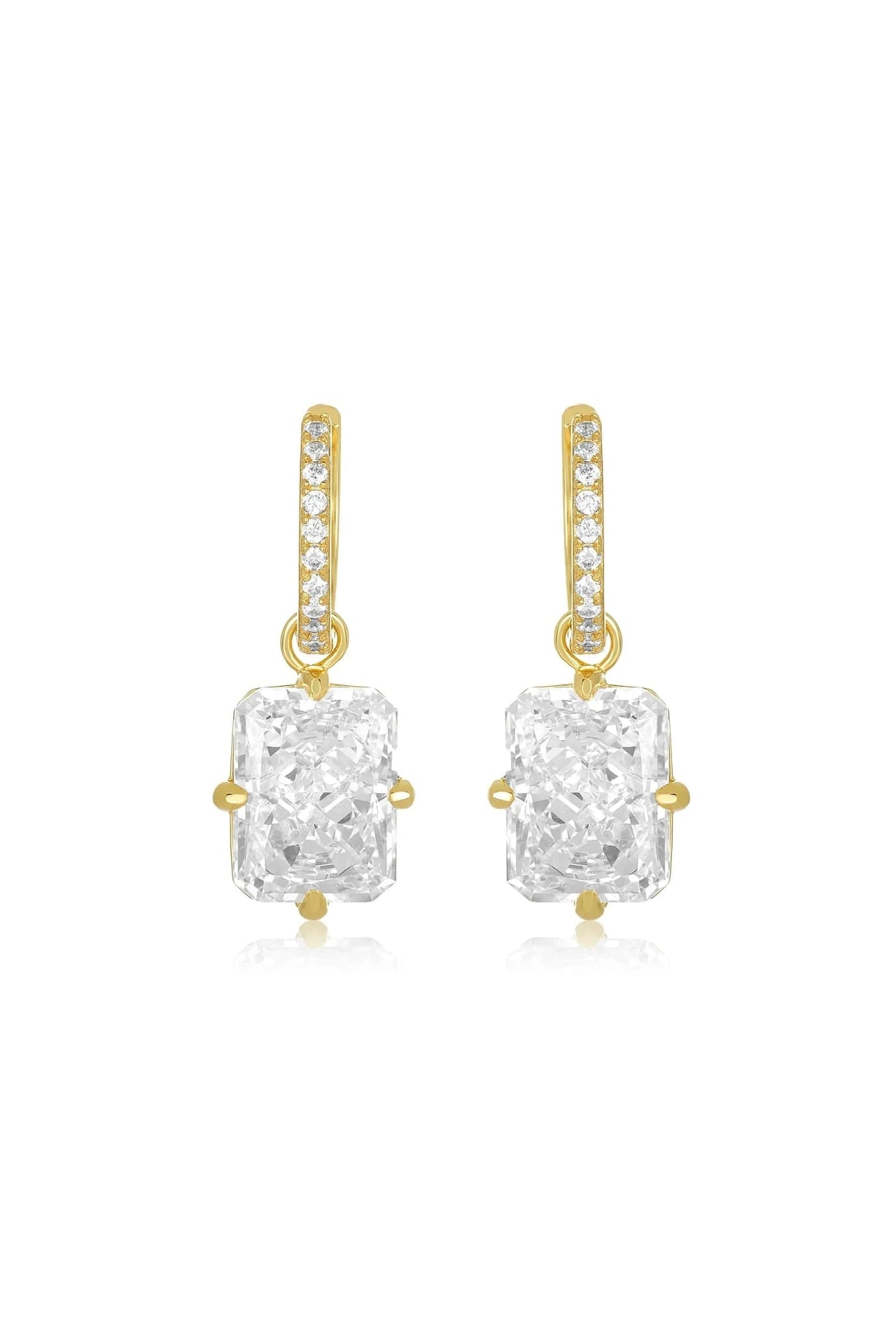 Gold radiant cut drop earrings with sparkling stones from Coventina Collection.