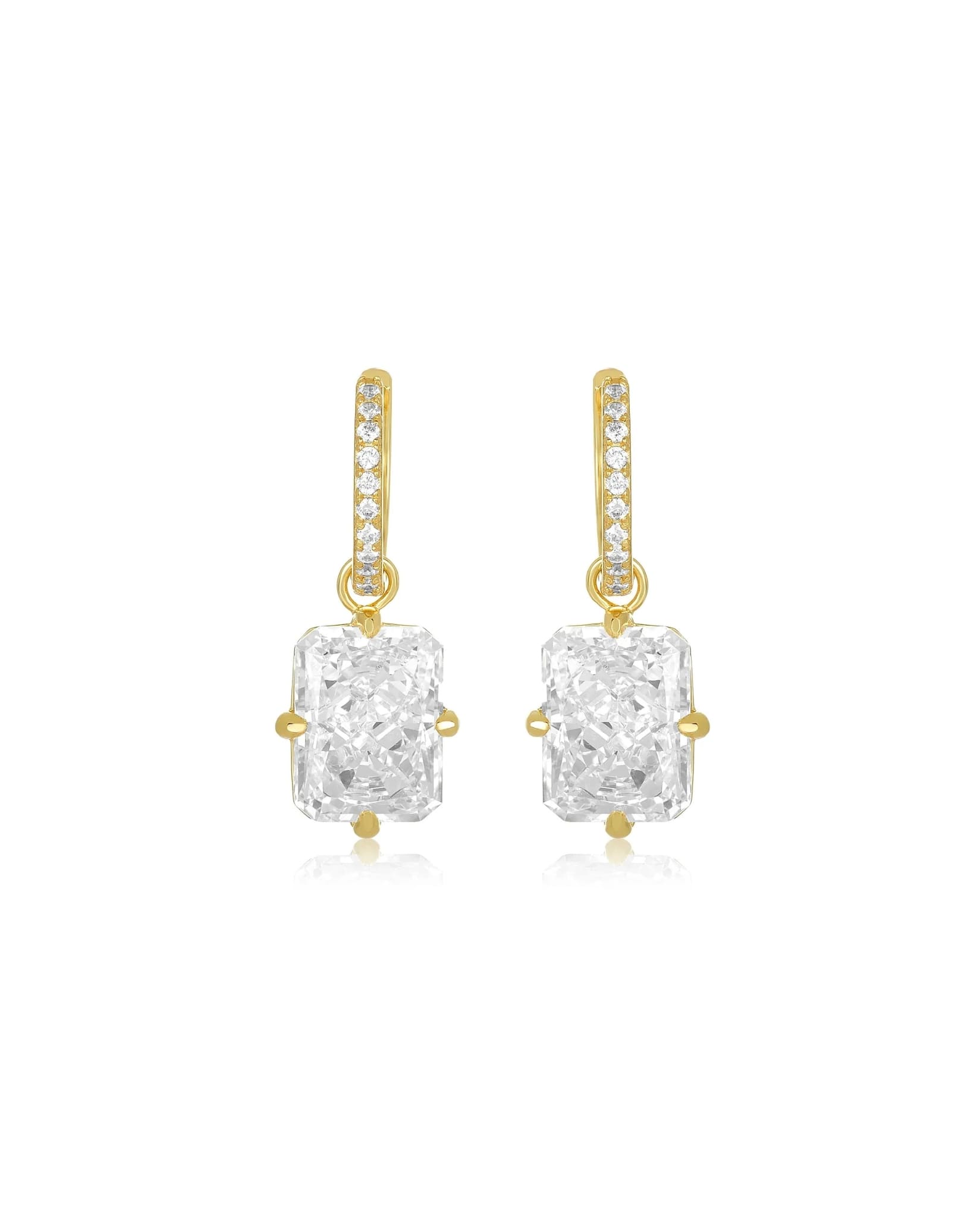 Gold radiant cut drop earrings with sparkling stones from Coventina Collection.