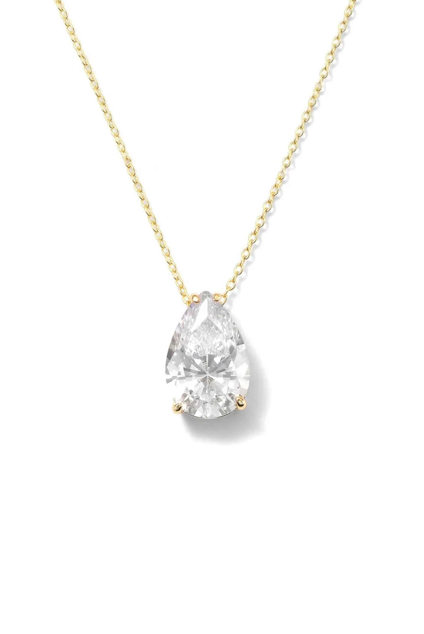 Gold teardrop pendant necklace with sparkling stone on a delicate chain.