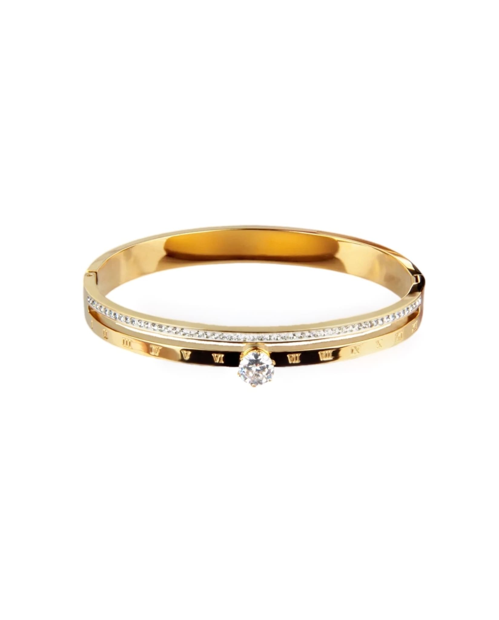 Gold bangle bracelet with Roman numerals, sparkling rhinestones, and a center stone.