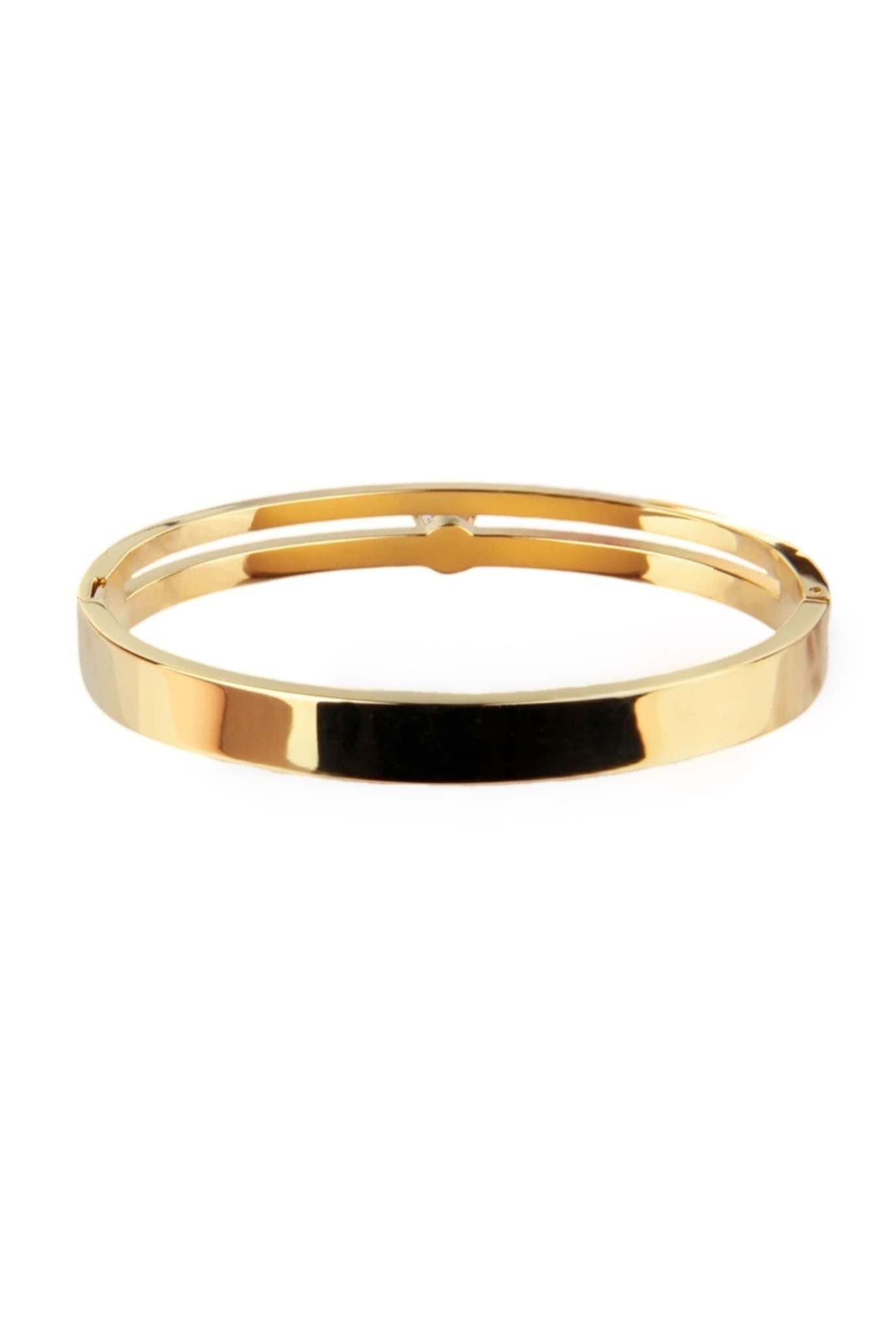 Gold bangle bracelet with a smooth polished back and hinged clasp.