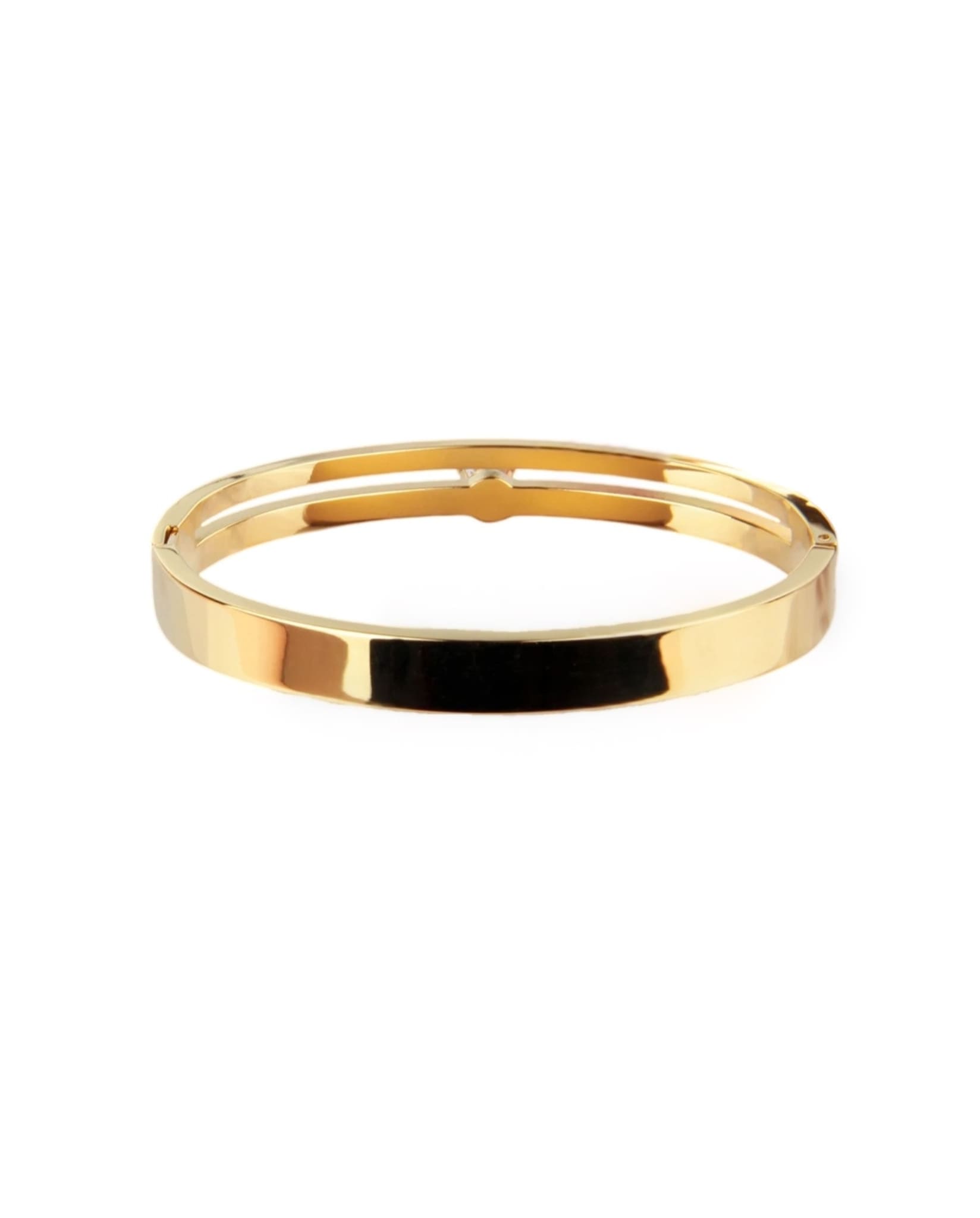 Gold bangle bracelet with a smooth polished back and hinged clasp.