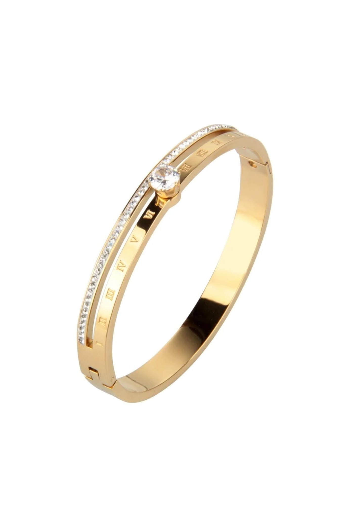 Gold Roman numeral bangle with a center rhinestone and sparkling accents.