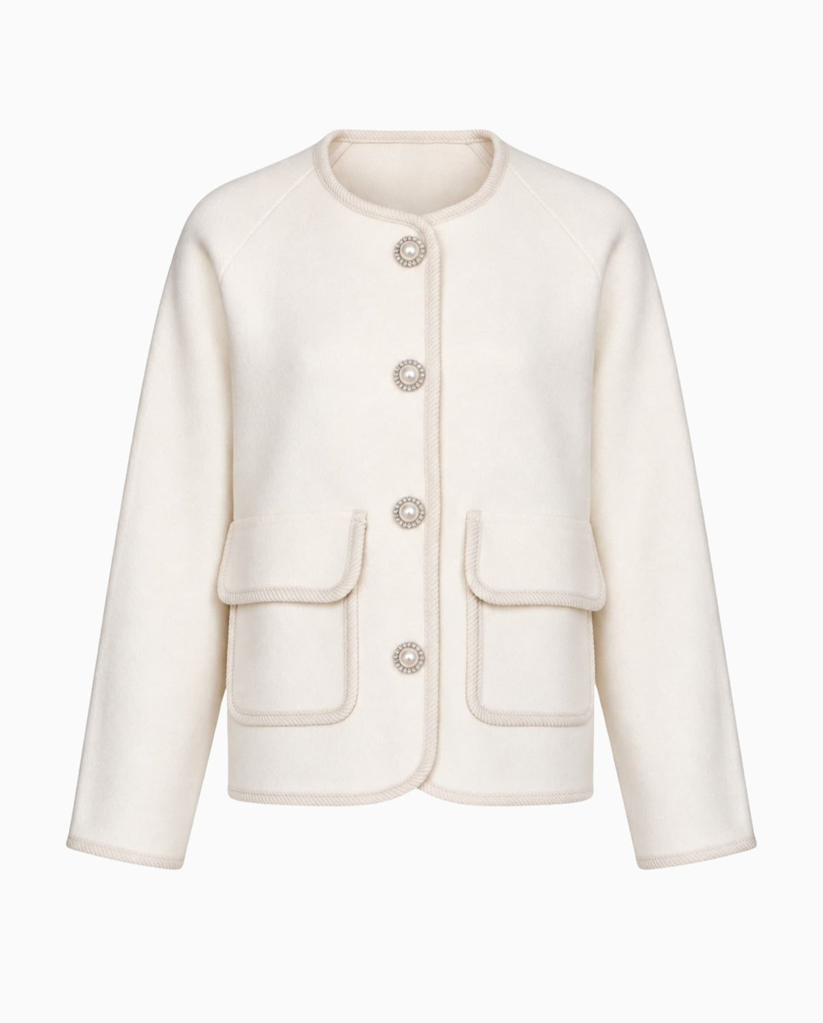 Ivory cardigan jacket with pearl buttons, round neckline and front flap pockets.