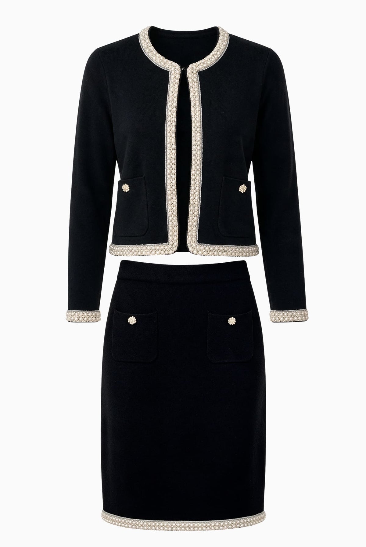 Black pearl trim knit jacket and skirt set with front pockets.