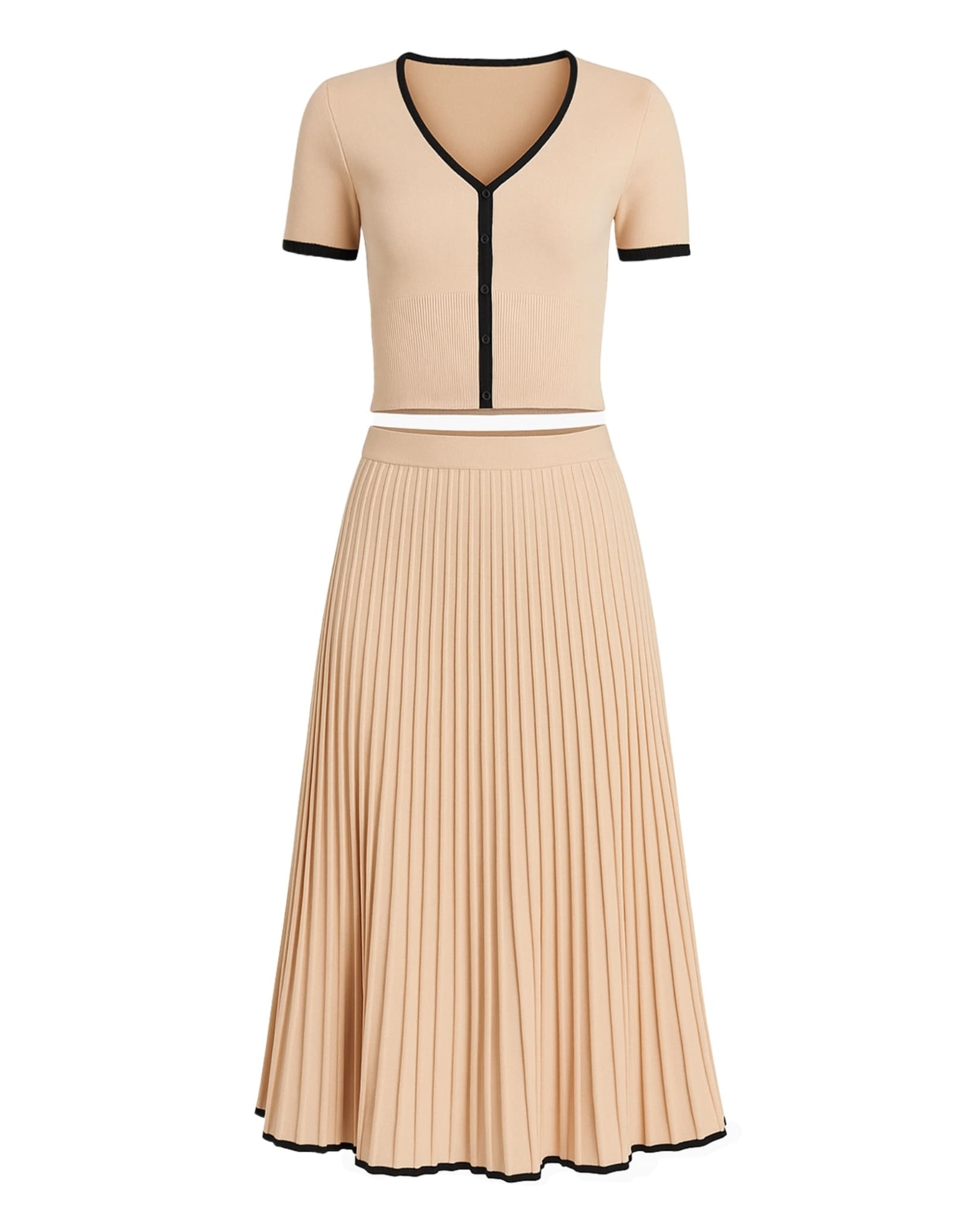Beige pleated skirt set with black trim.