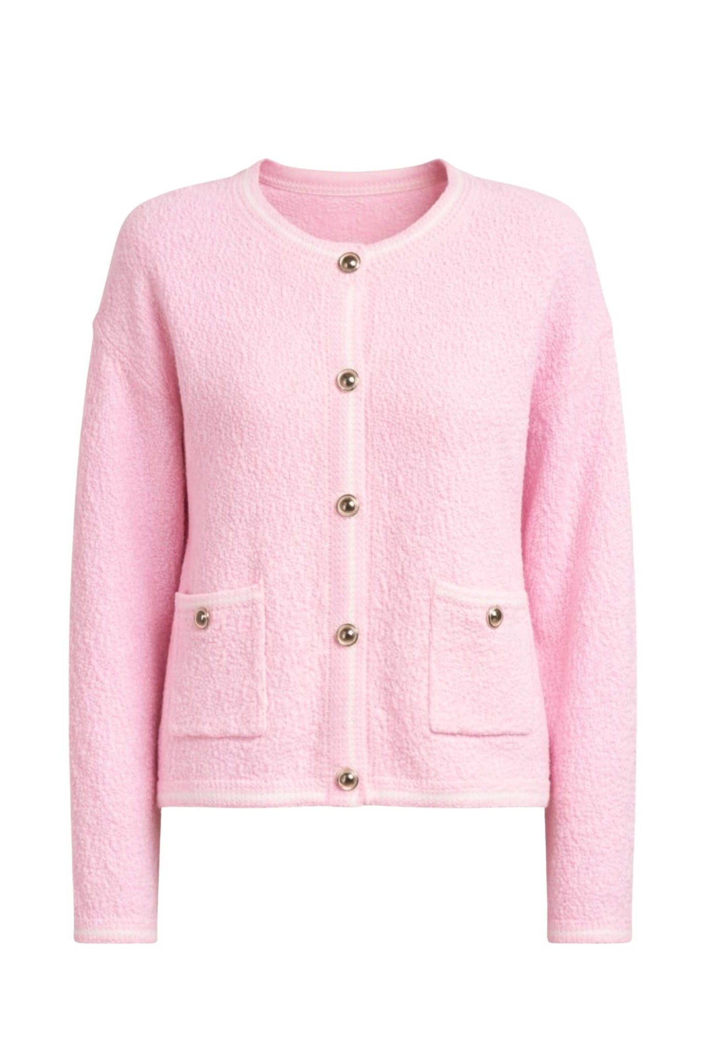 Women's powder pink textured cardigan with decorative buttons from Coventina Collection.
