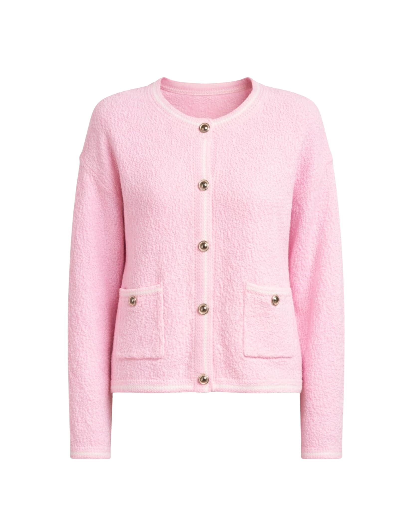 Women's powder pink textured cardigan with decorative buttons from Coventina Collection.
