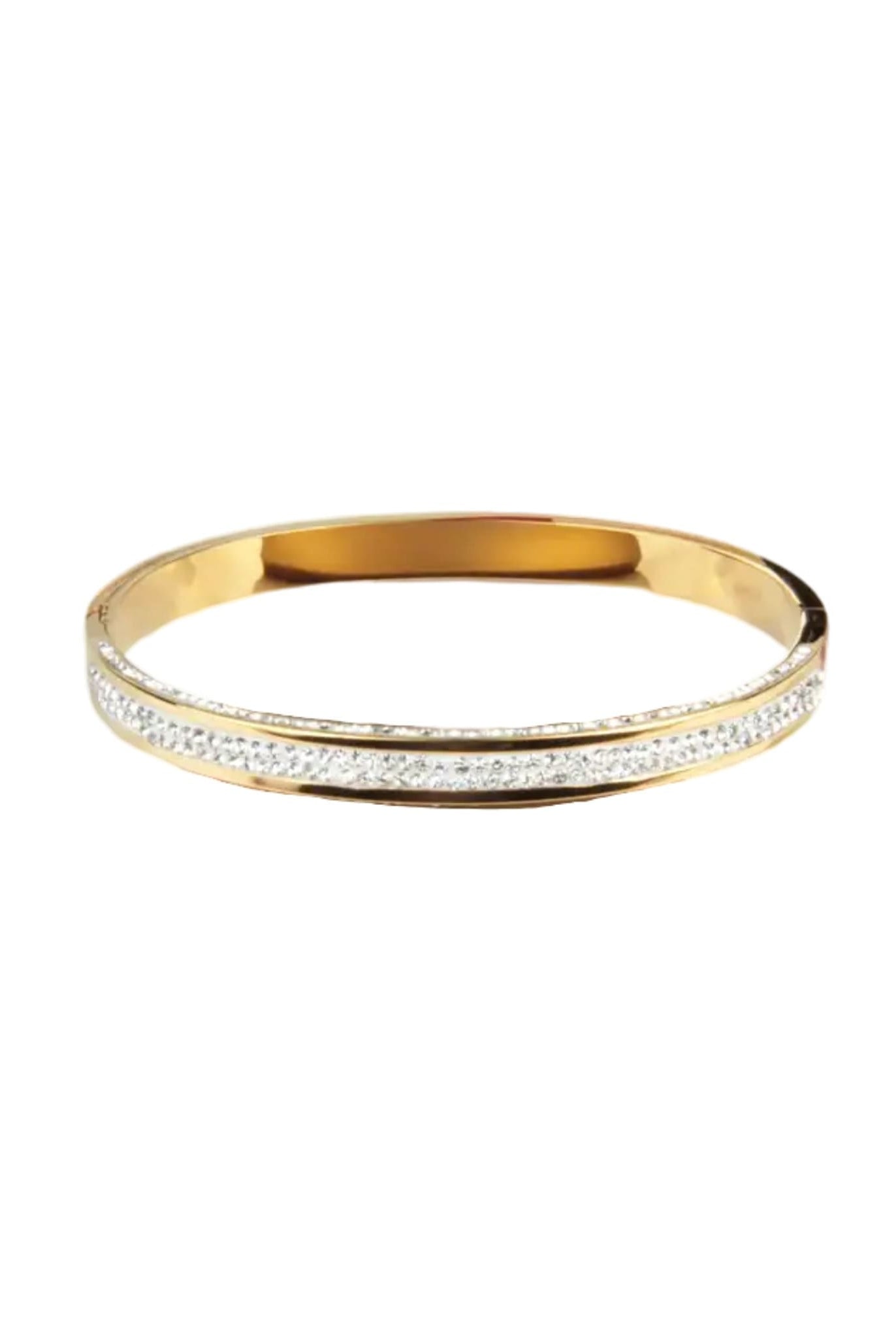 Gold bangle bracelet with sparkling rhinestone details.