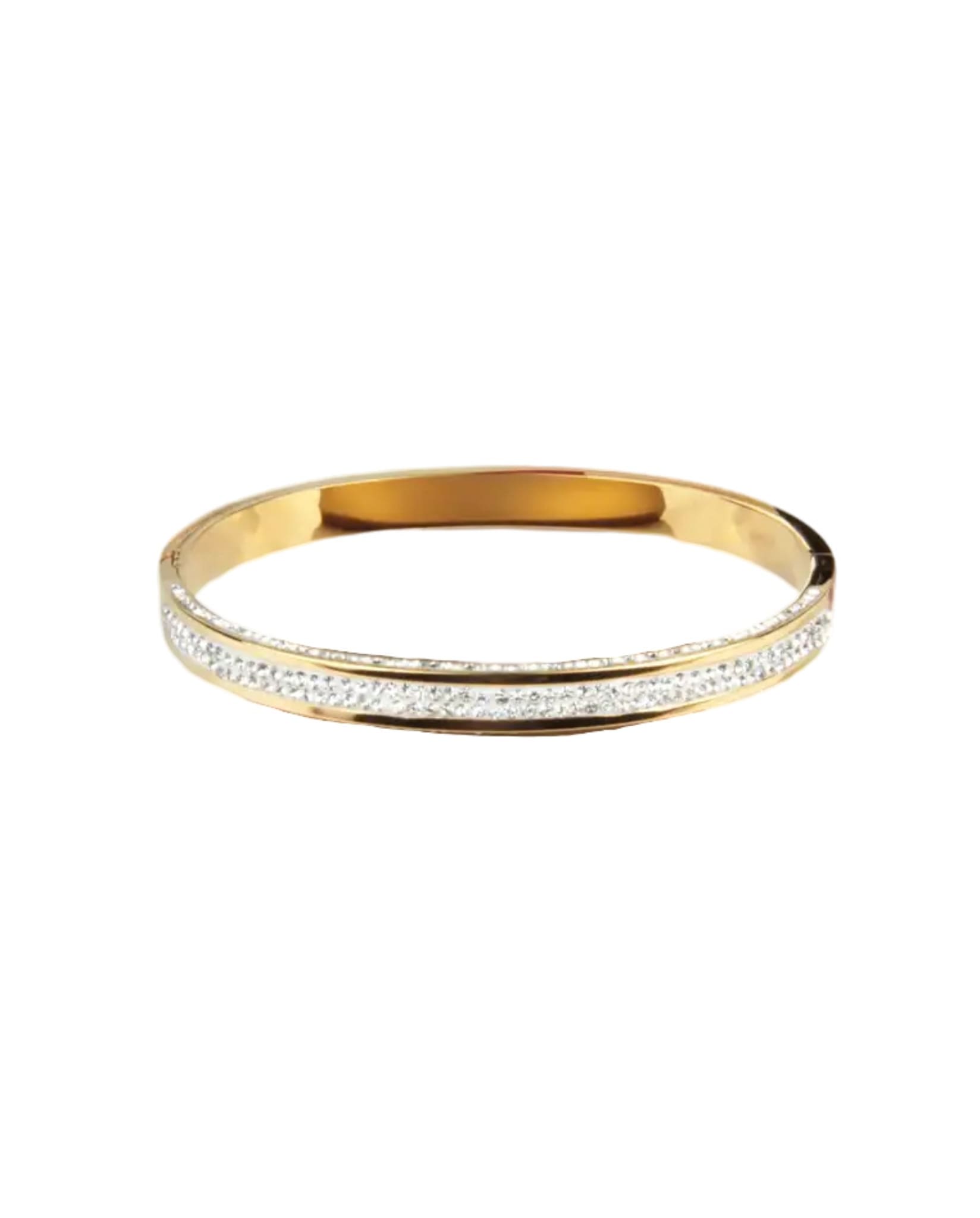 Gold bangle bracelet with sparkling rhinestone details.