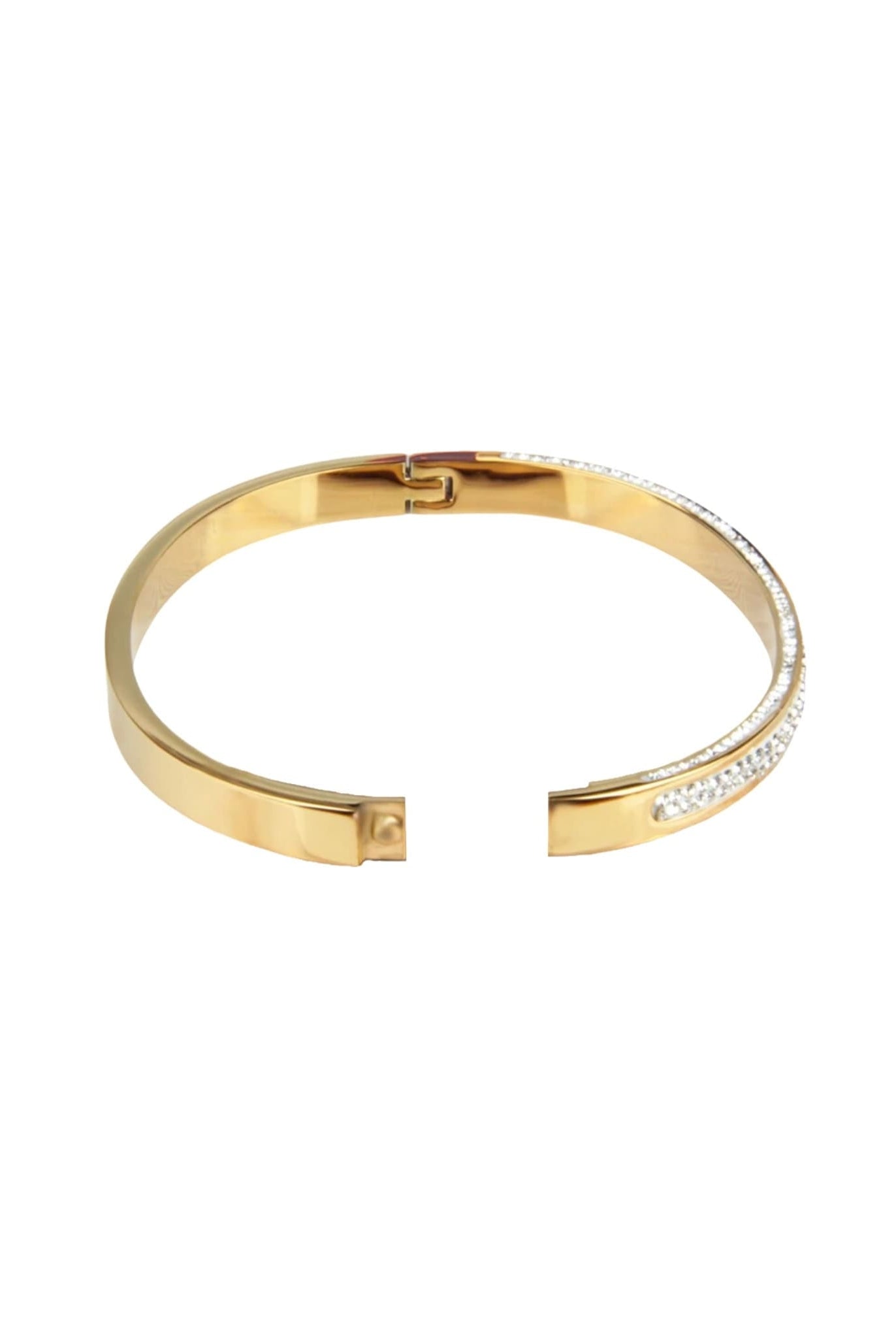 Gold bangle bracelet with a hinge opening and rhinestone accents.