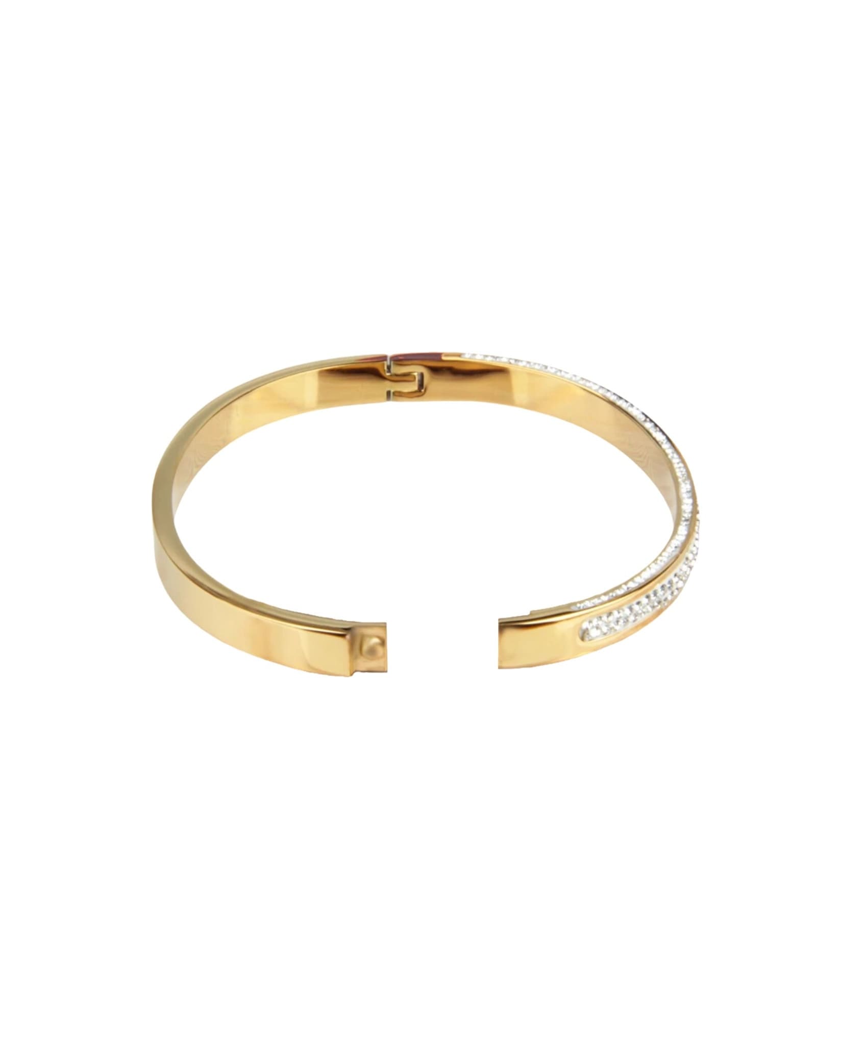 Gold bangle bracelet with a hinge opening and rhinestone accents.