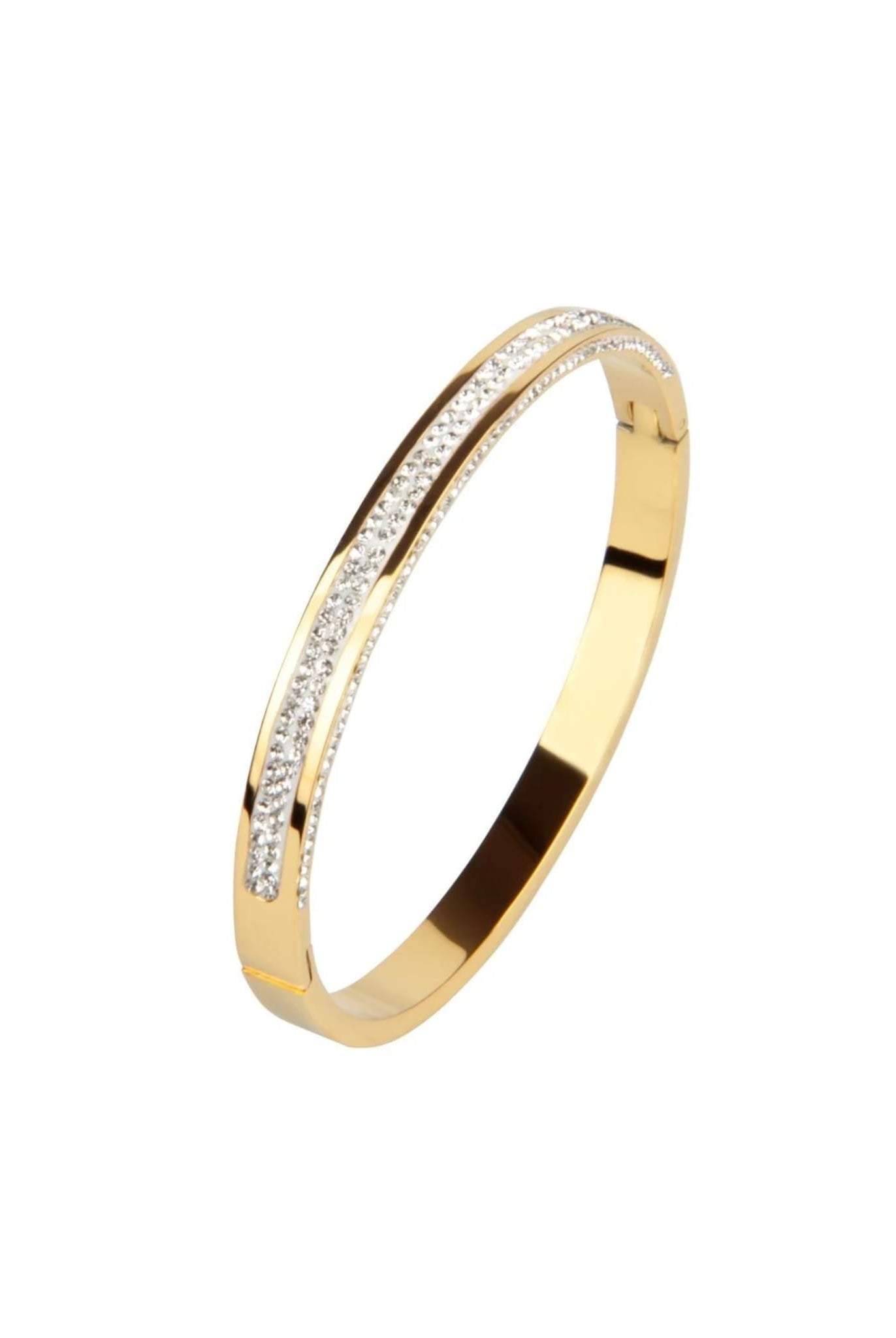 Gold bangle bracelet with a slim design and rhinestone embellishments.