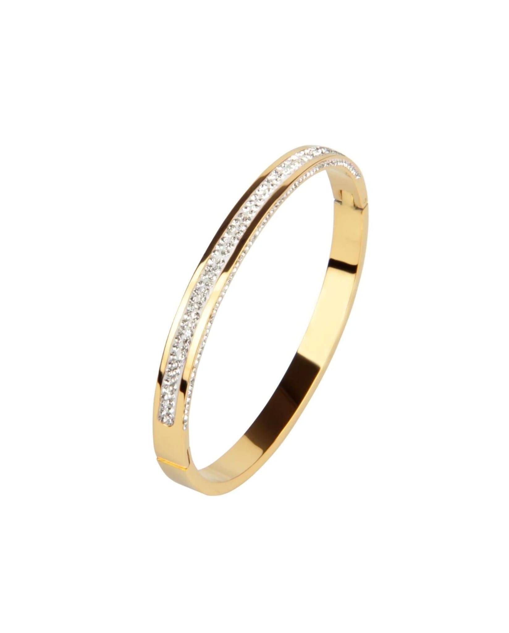 Gold bangle bracelet with a slim design and rhinestone embellishments.