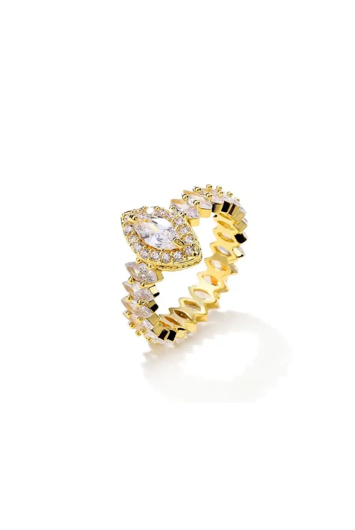 Gold sparkling marquise ring with zircon stones, featuring a marquise-cut centerpiece.