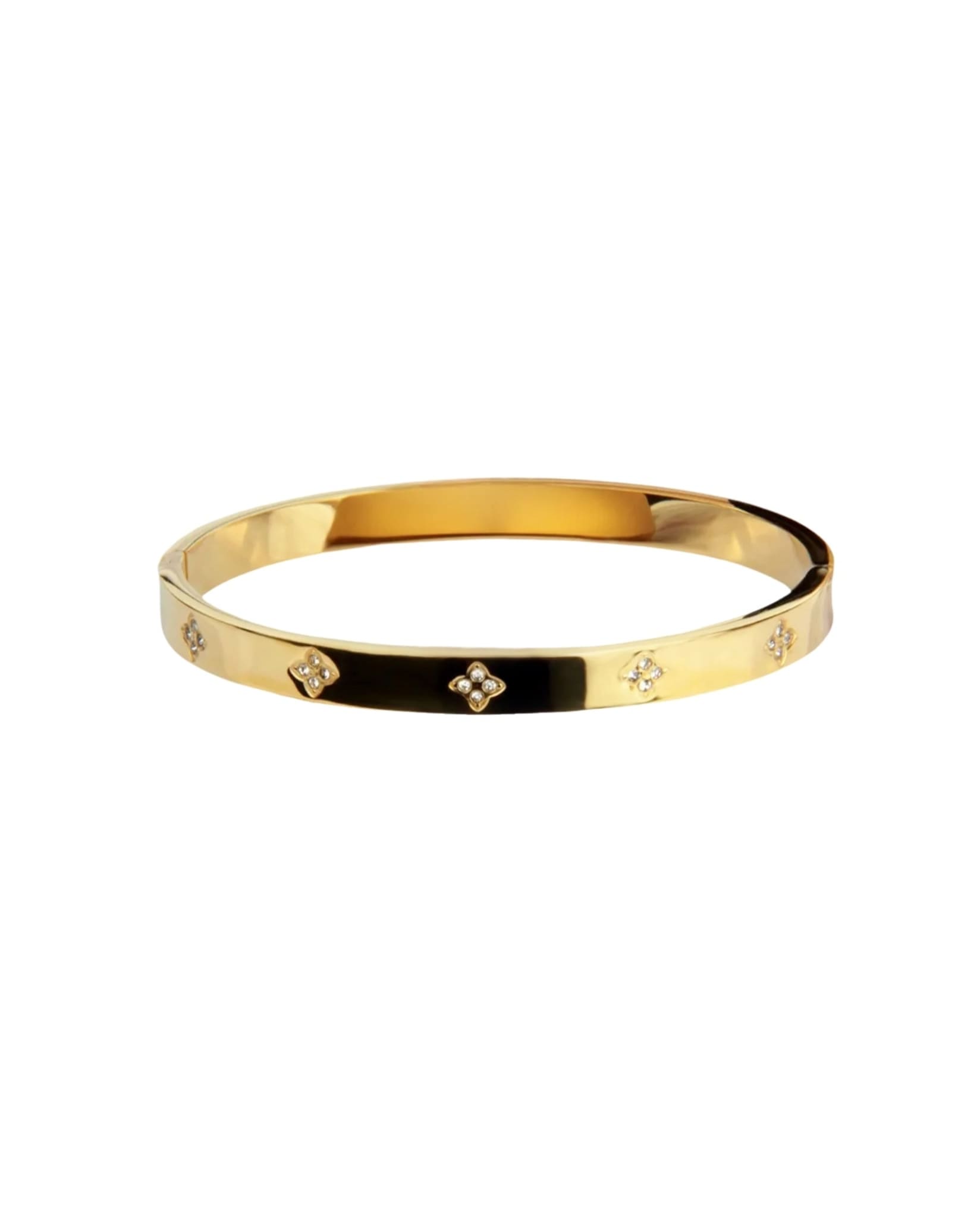 Gold stainless steel bangle bracelet with rhinestone clover accents.