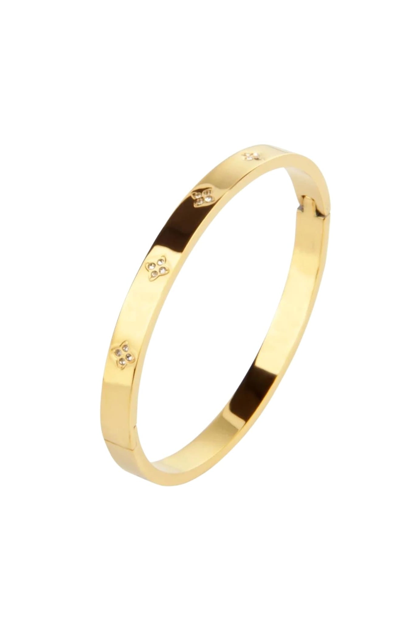 Gold bangle bracelet with clover-shaped rhinestone details.