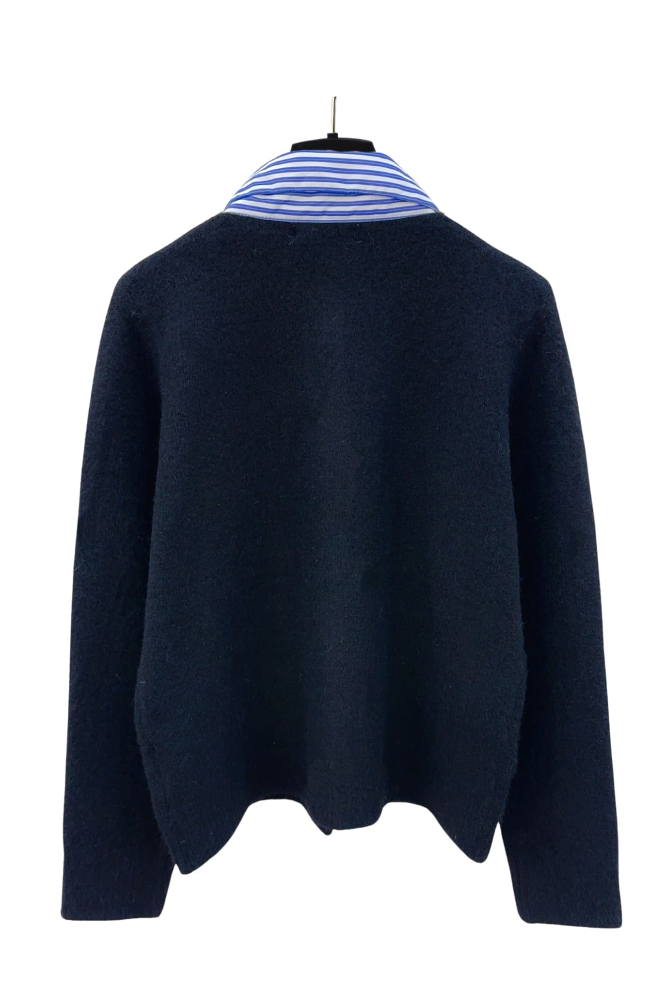 Back view of the striped collar cardigan in black from Coventina Collection.