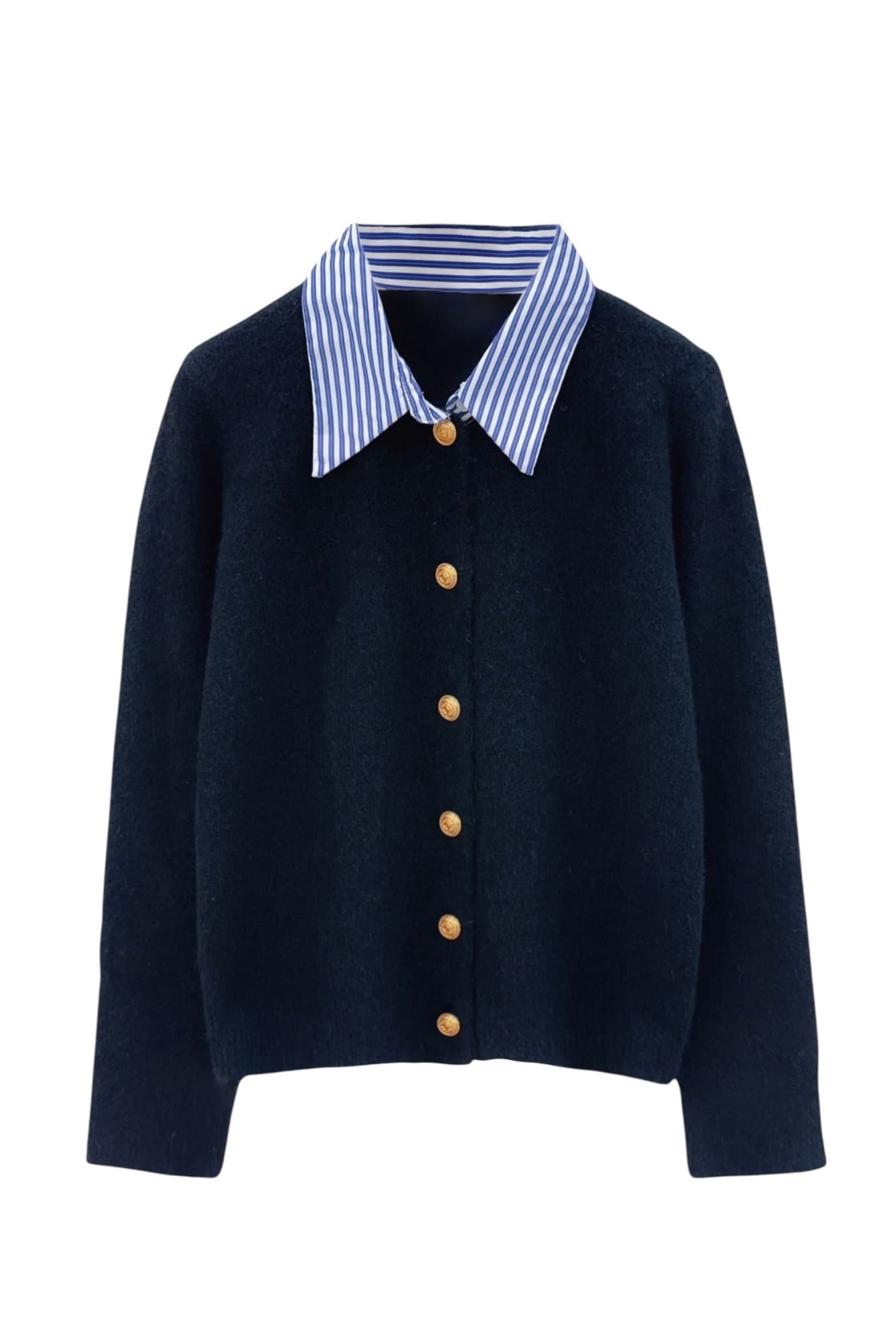 Striped collar cardigan in black displayed flat with gold button details for women.