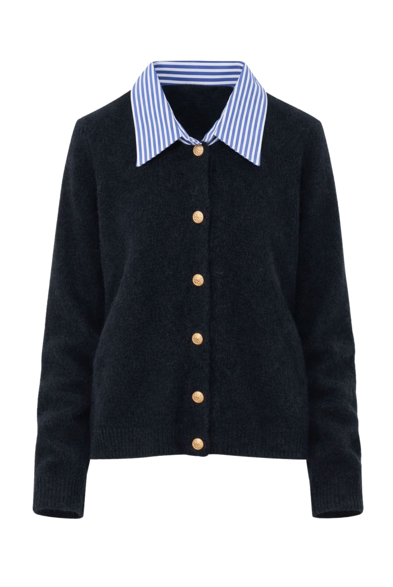 Striped collar cardigan in black displayed flat with gold button details for women.