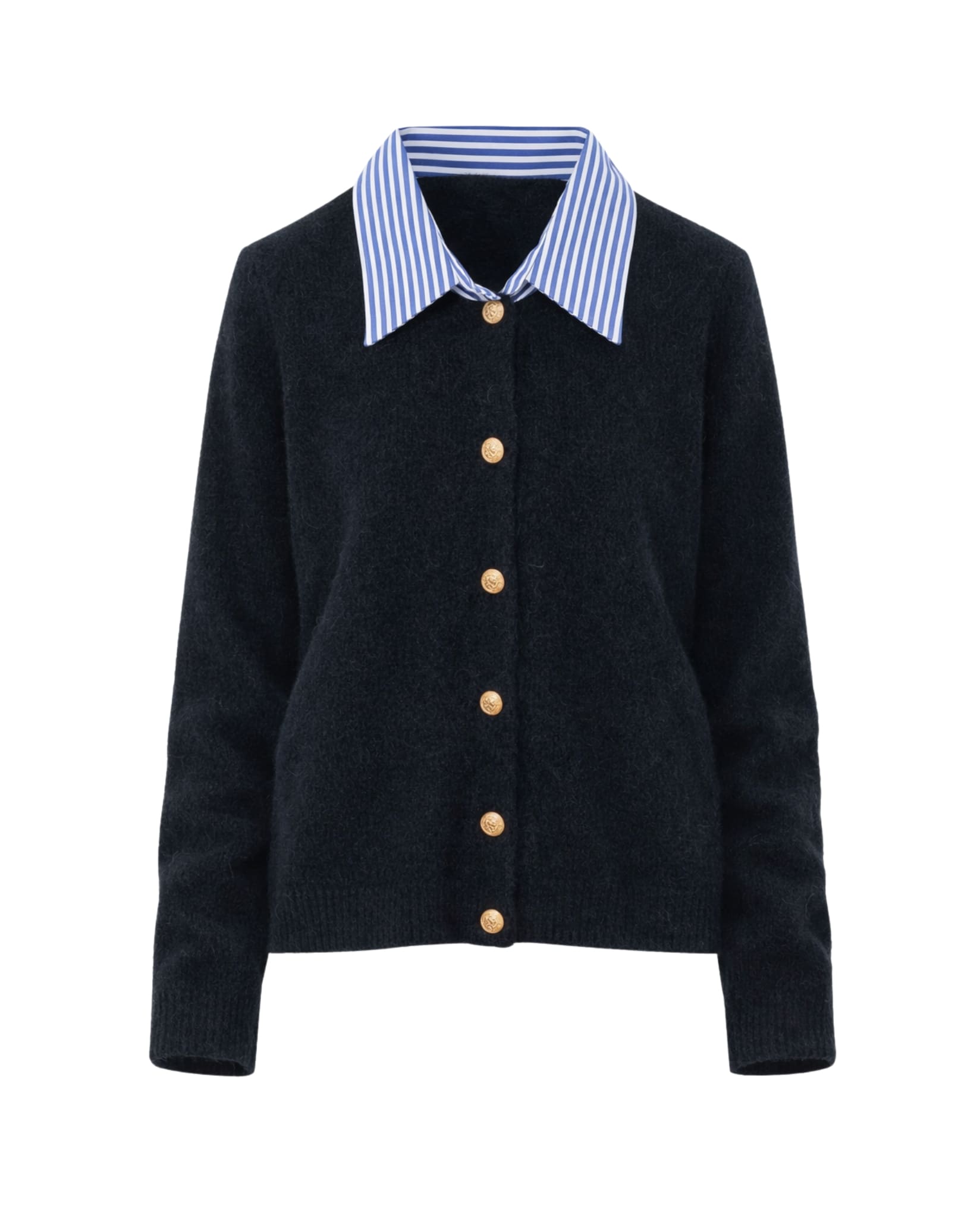 Striped collar cardigan in black displayed flat with gold button details for women.