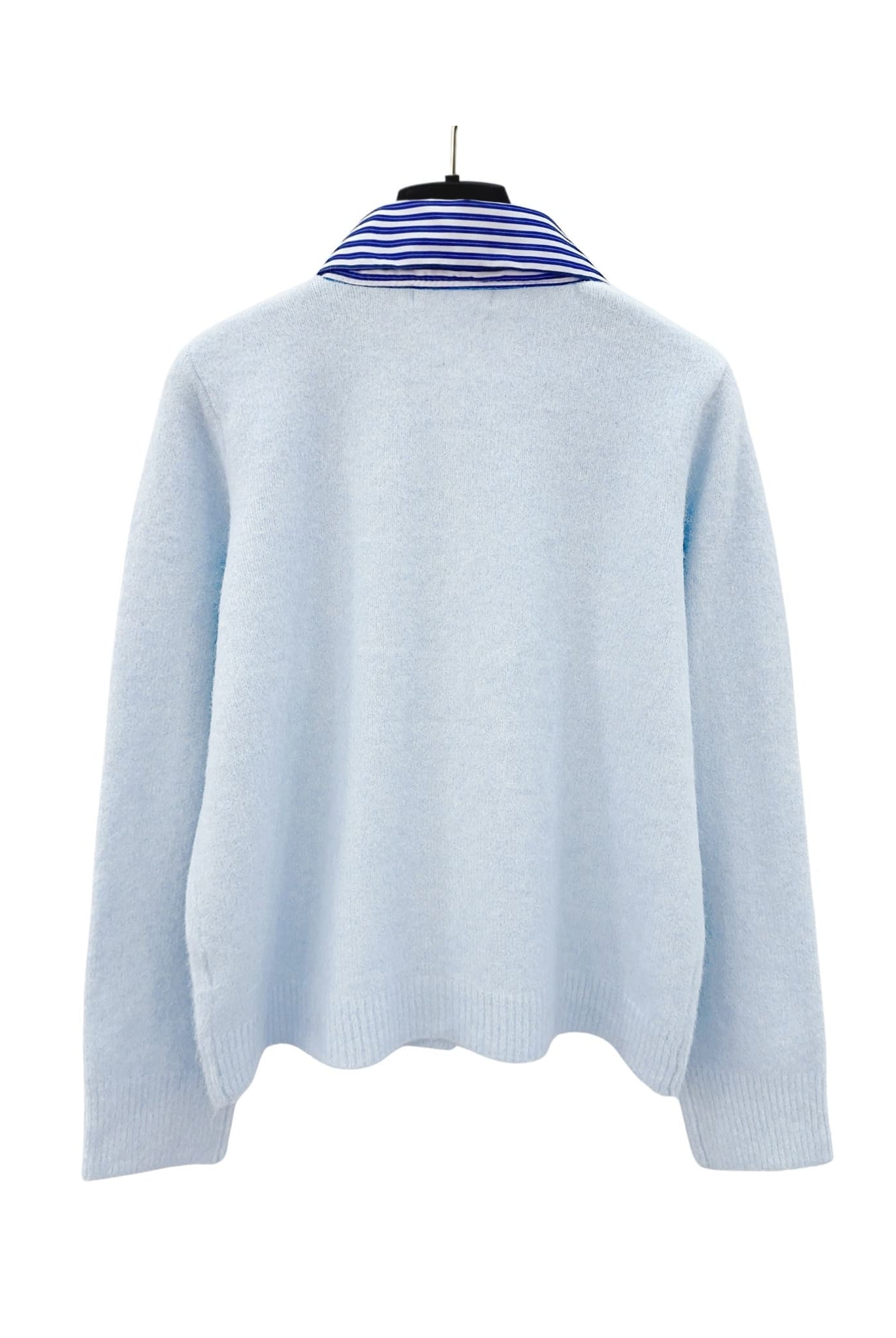 Back view of the striped collar cardigan in blue, showing soft knit fabric.