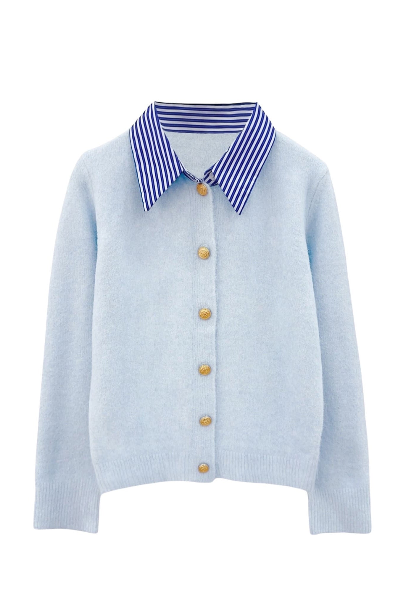 Striped collar cardigan in blue displayed flat with gold button details for women.