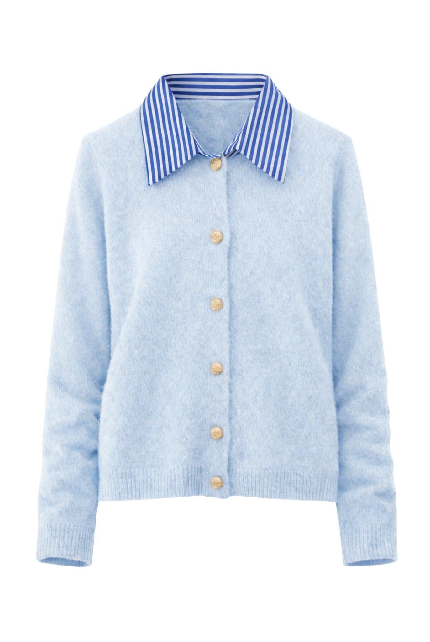 Striped collar cardigan in blue displayed flat with gold button details for women.