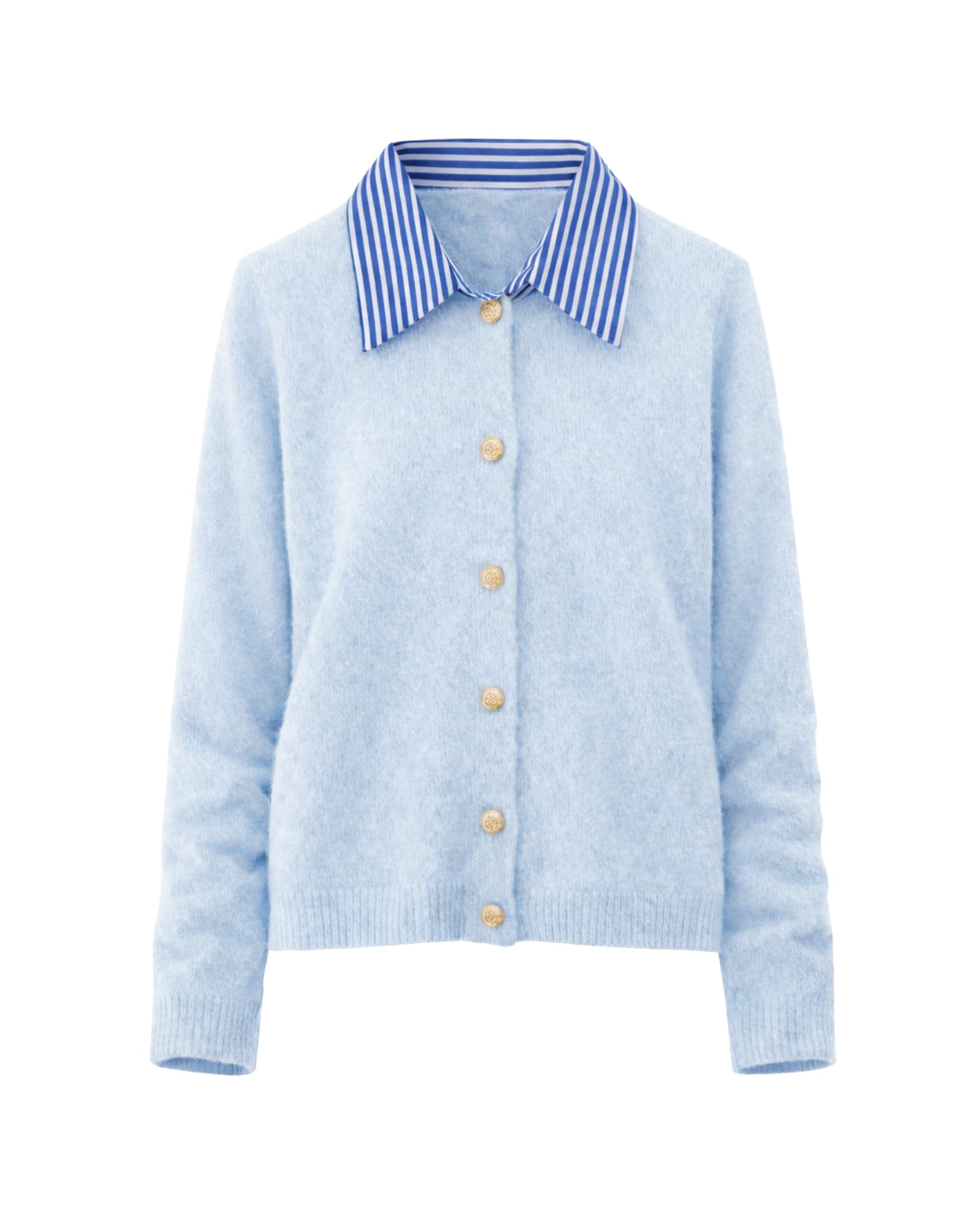 Striped collar cardigan in blue displayed flat with gold button details for women.