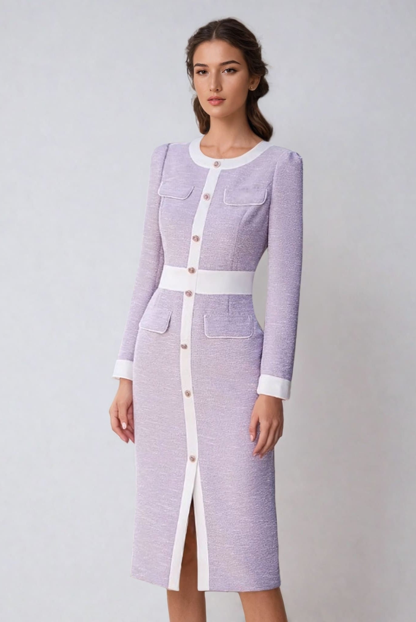 Textured Midi Dress With Contrasting Trim