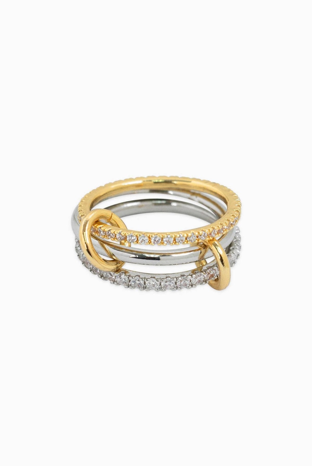 Two-tone interlocking ring with gold and silver-tone bands and sparkling pavé detailing.