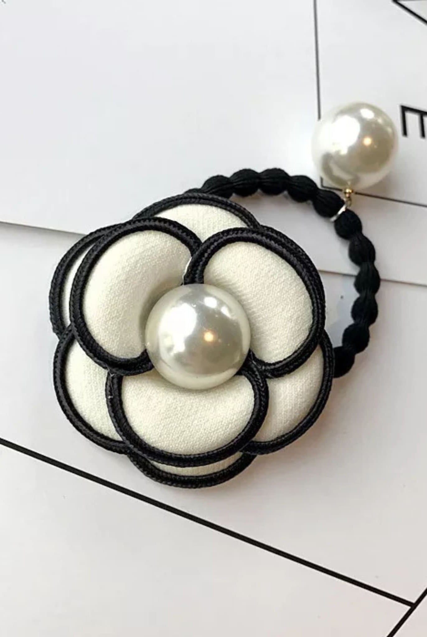 White Camellia Flower & Pearl Hair Rope
