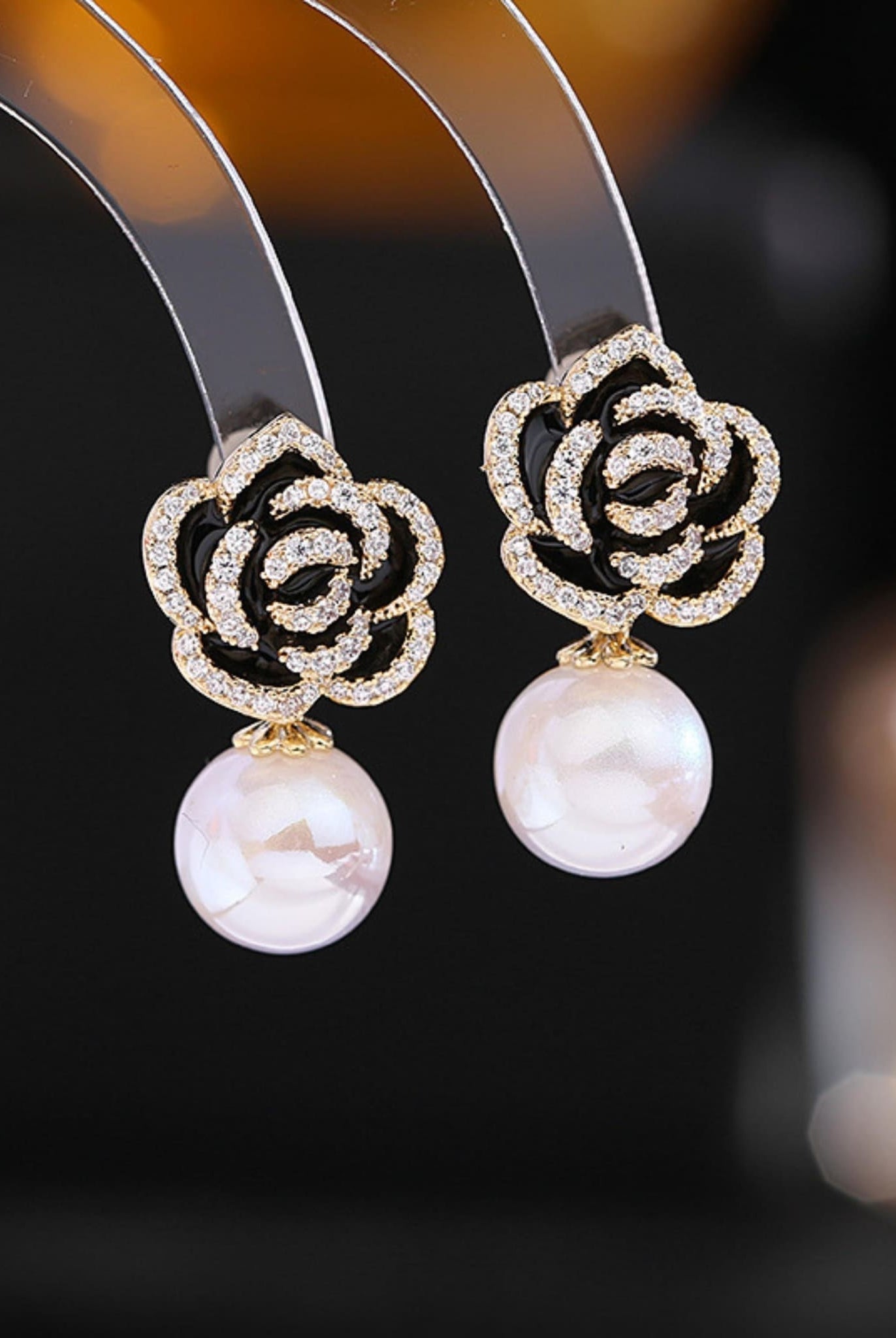 Black Camellia Flower Pearl Earrings