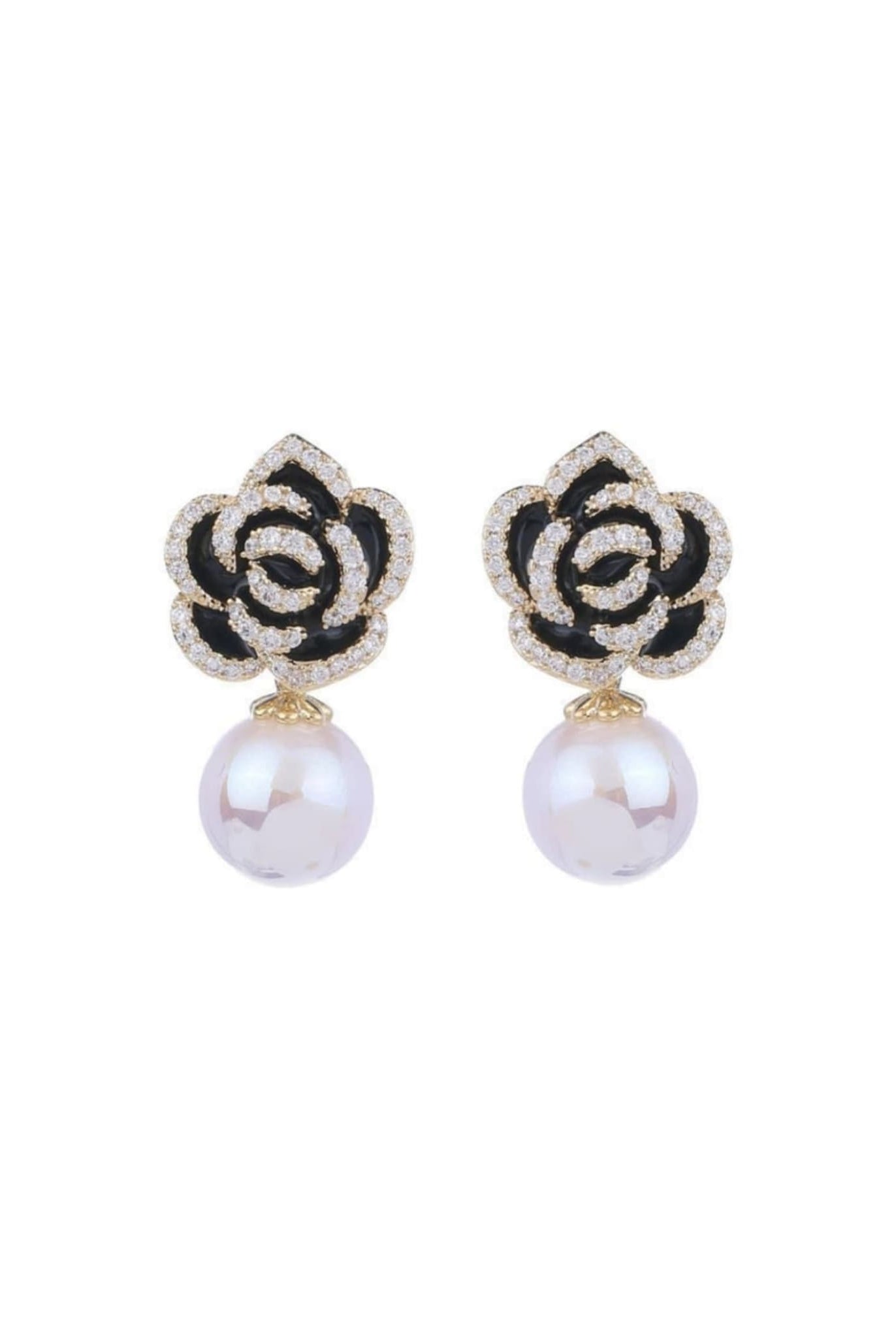 Black Camellia Flower Pearl Earrings