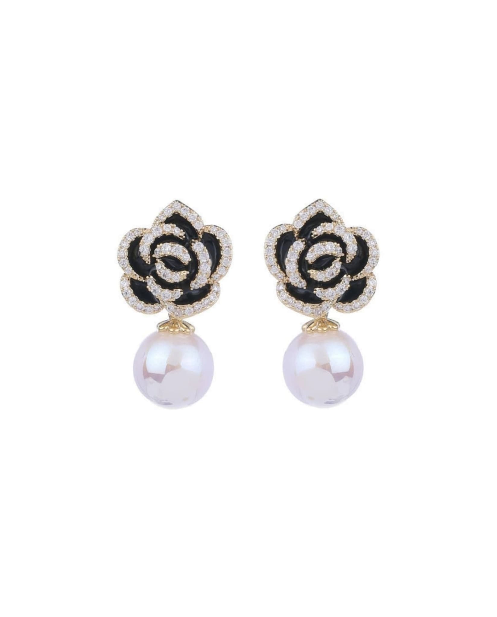 Black Camellia Flower Pearl Earrings