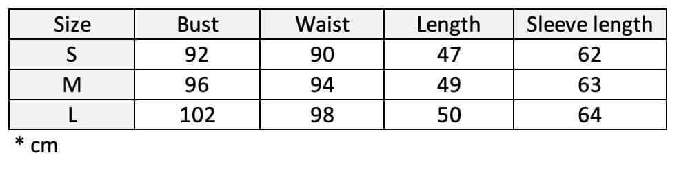 Belle bow knit cardigan size chart.