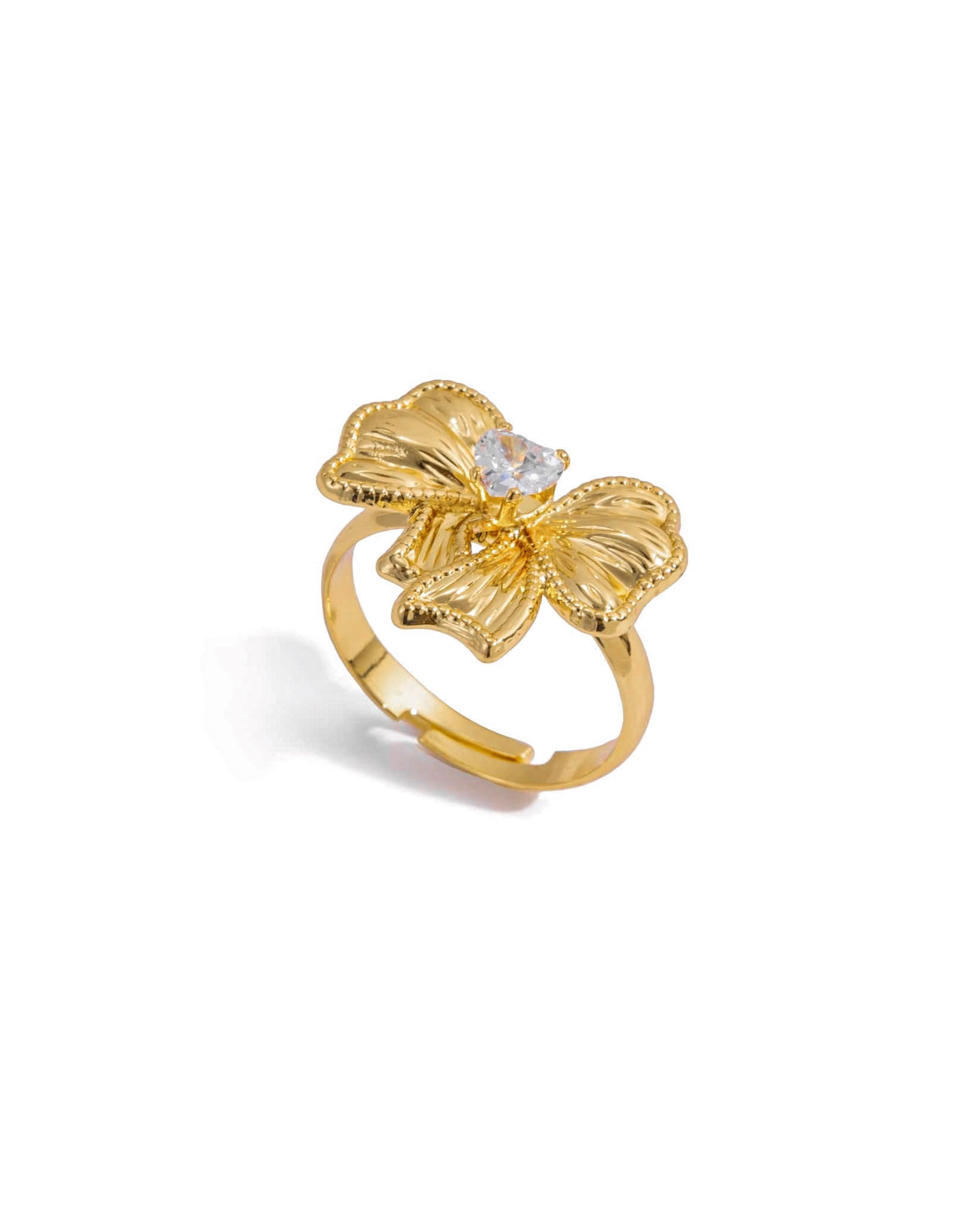 Gold-plated ring with bow design and crystal center detail – Adjustable Bow Ring