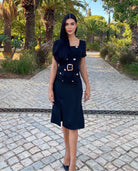 Belted Midi Dress With Gold Buttons