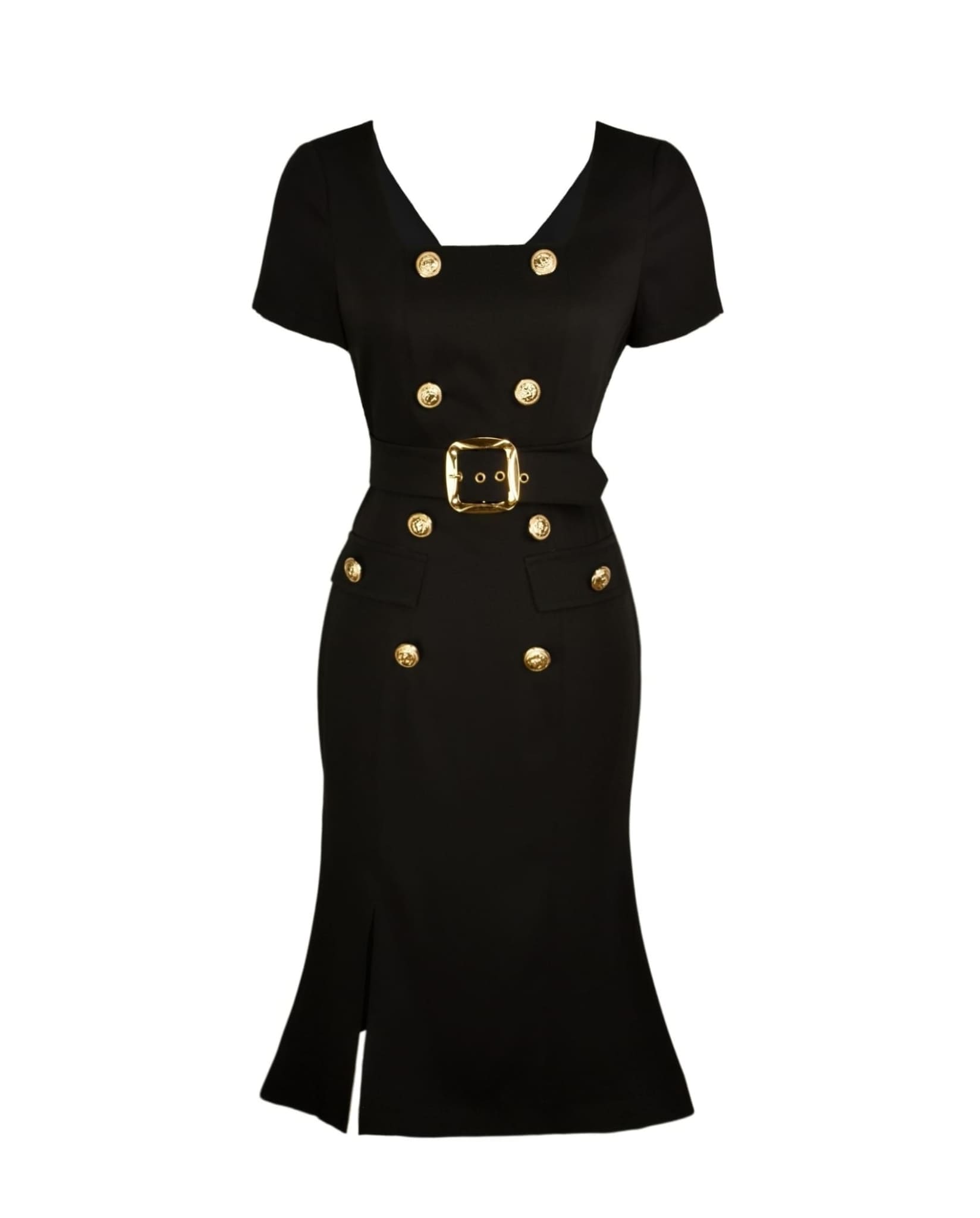 Belted Midi Dress With Gold Buttons