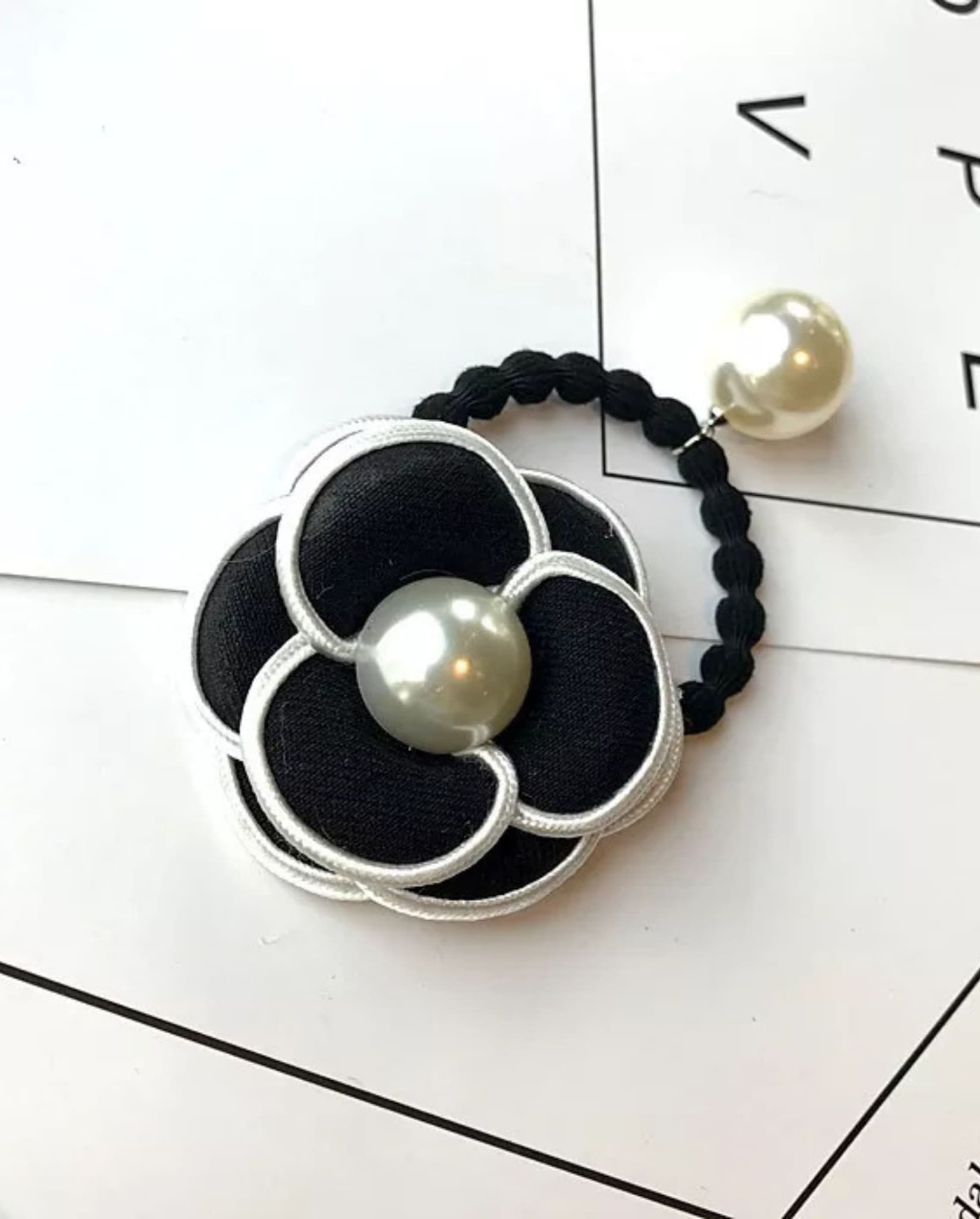 Black Camellia Flower & Pearl Hair Rope