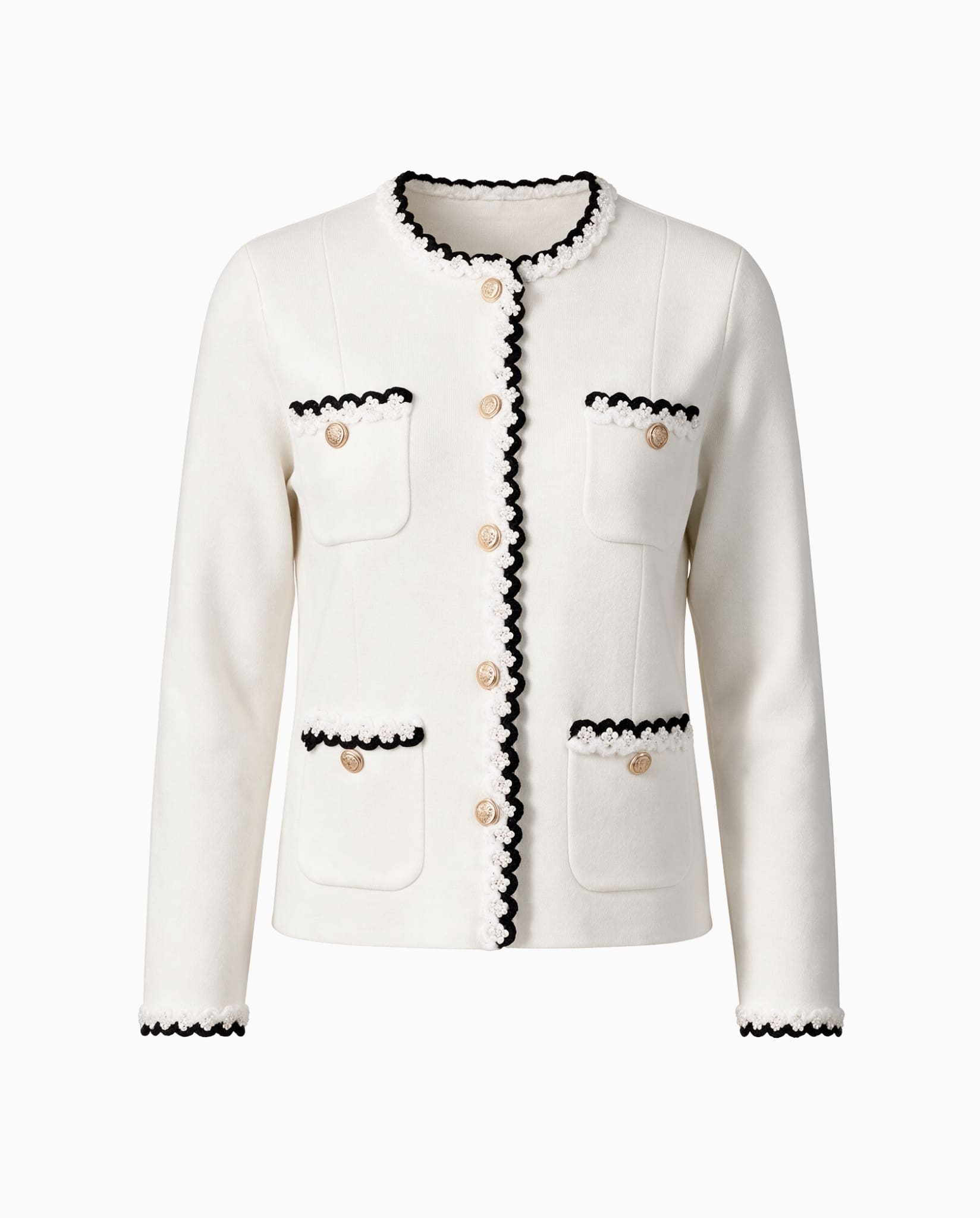 White cardigan with black and pearl trim, gold buttons and four front pockets.