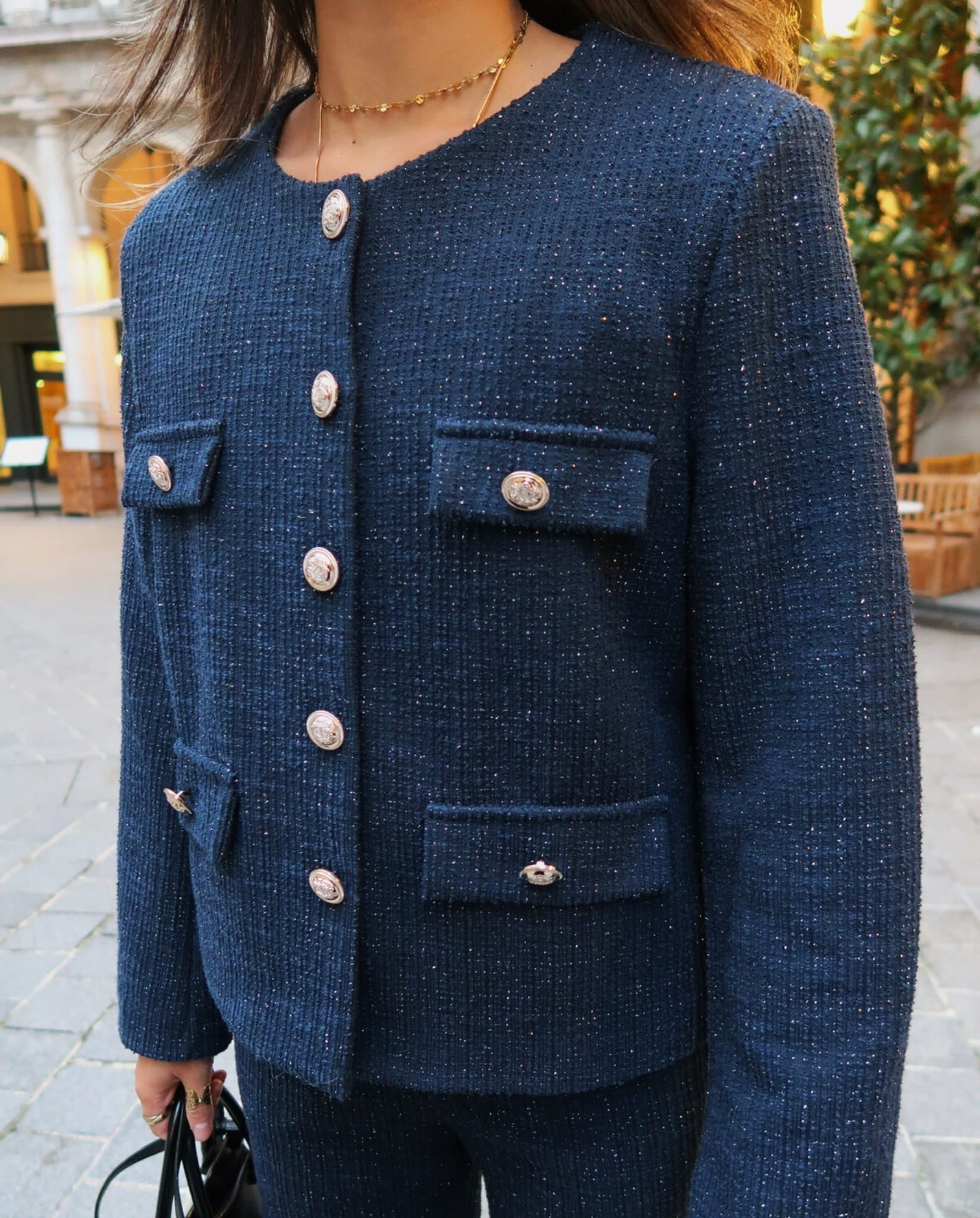 Classic Buttoned Tweed Jacket - Navy | Coventina Collection