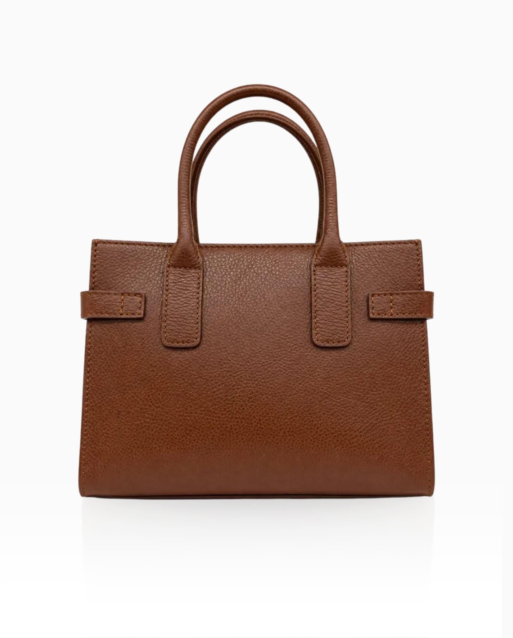 Classic brown leather handbag with structured silhouette and top handles.