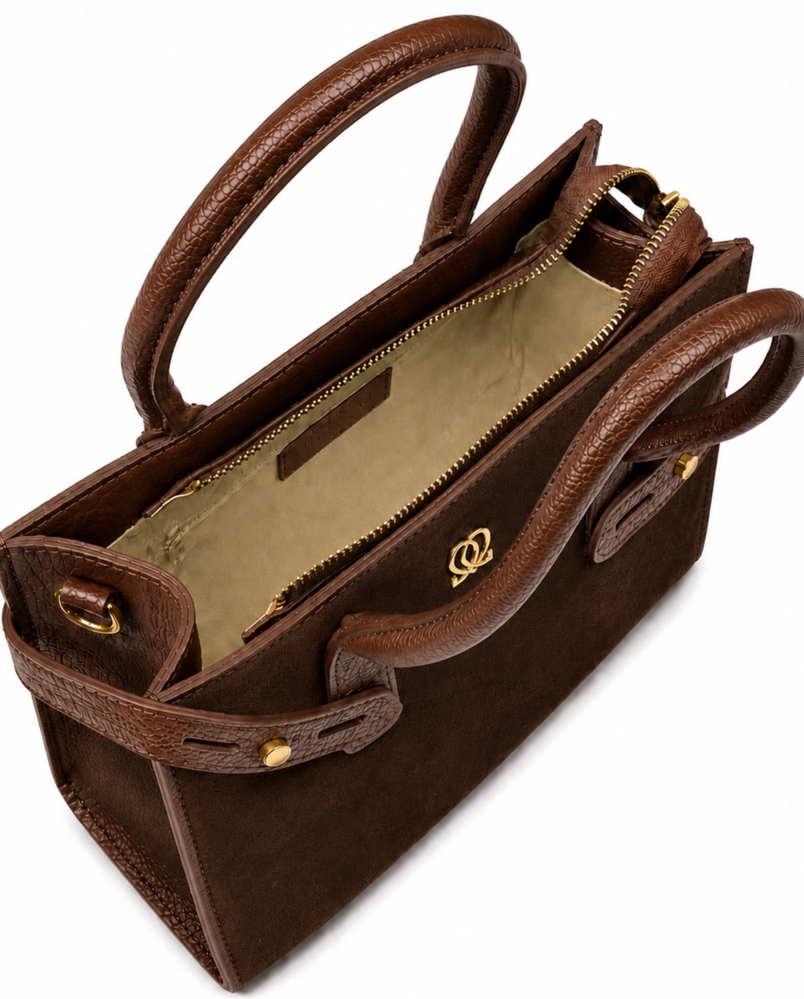 Brown leather handbag with gold-tone hardware and zippered interior compartment.