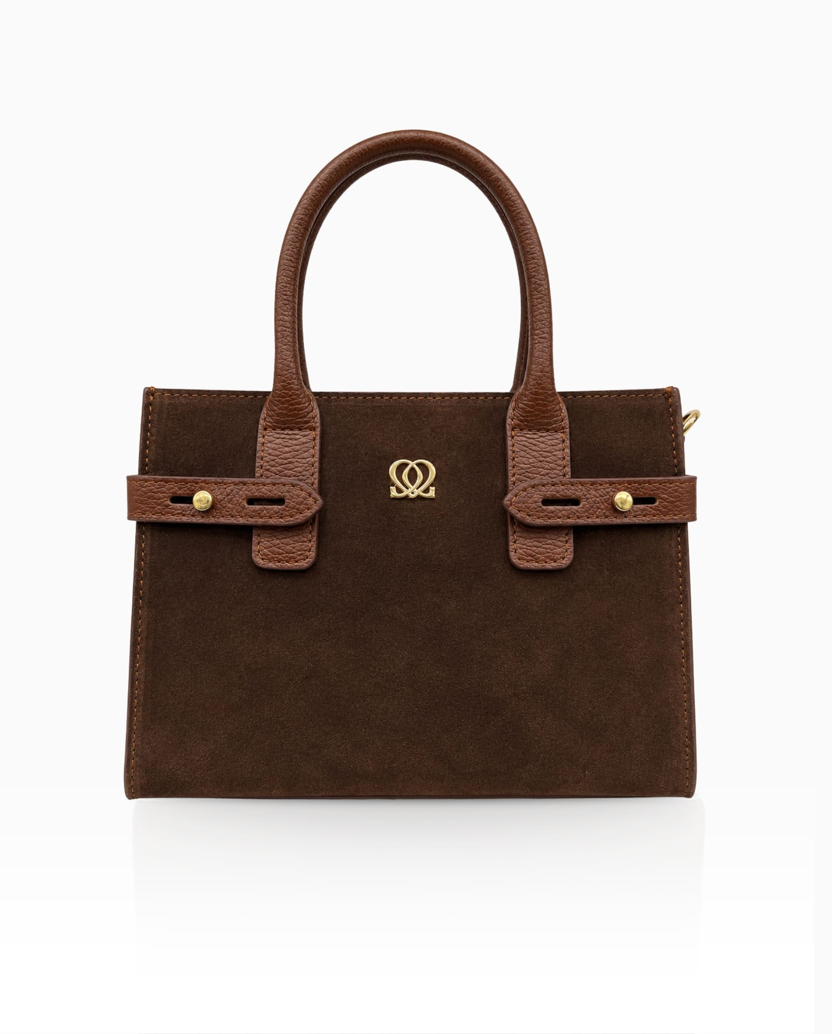 Classic brown leather handbag with suede front panel and gold-tone detailing.